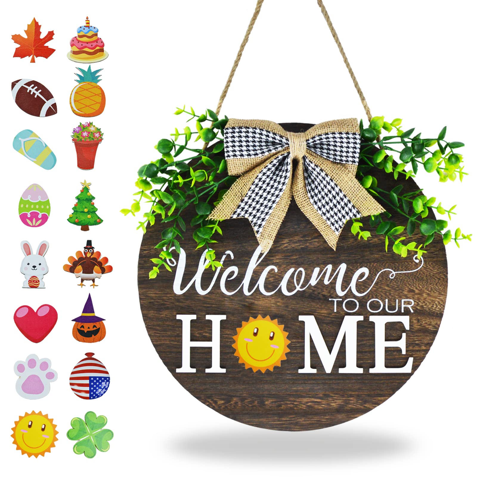 Round Interchangeable Welcome Wood Sign for Front Door, Holiday Welcome Sign with Sun Flower Decoration, Seasonal Home Door Sign for Christmas/Housewarming Gifts/Farmhouse Porch Decor