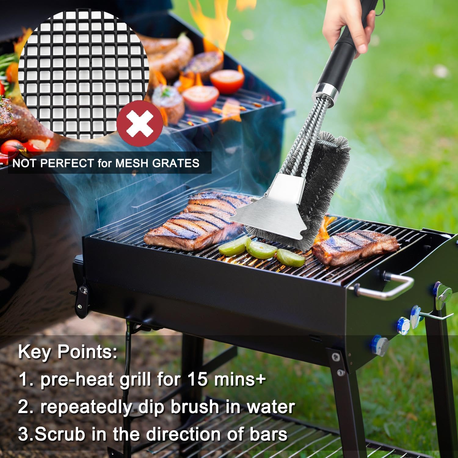 (2Pcs) Bristle-Free Grill Brush & Scraper Set - Safe Stainless Steel BBQ Grate Cleaner for Porcelain/Weber Gas/Charcoal Grills | Heavy Duty Grill Cleaning Kit Accessories (Gifts for Men/Dad)