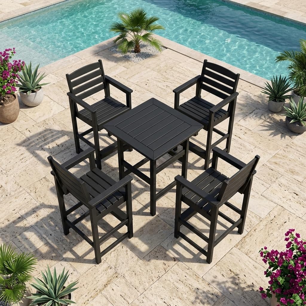 5-Piece Outdoor Bistro Bar Set, HDPE Bar Height Table &amp; Chairs, Black
