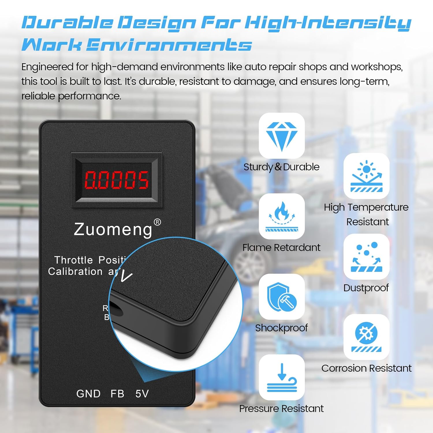 Icons representing the durable features of the Zuomeng ZM-096 TPS tool: sturdy, high temperature resistant, flame retardant, dustproof, shockproof, corrosion resistant, pressure resistant