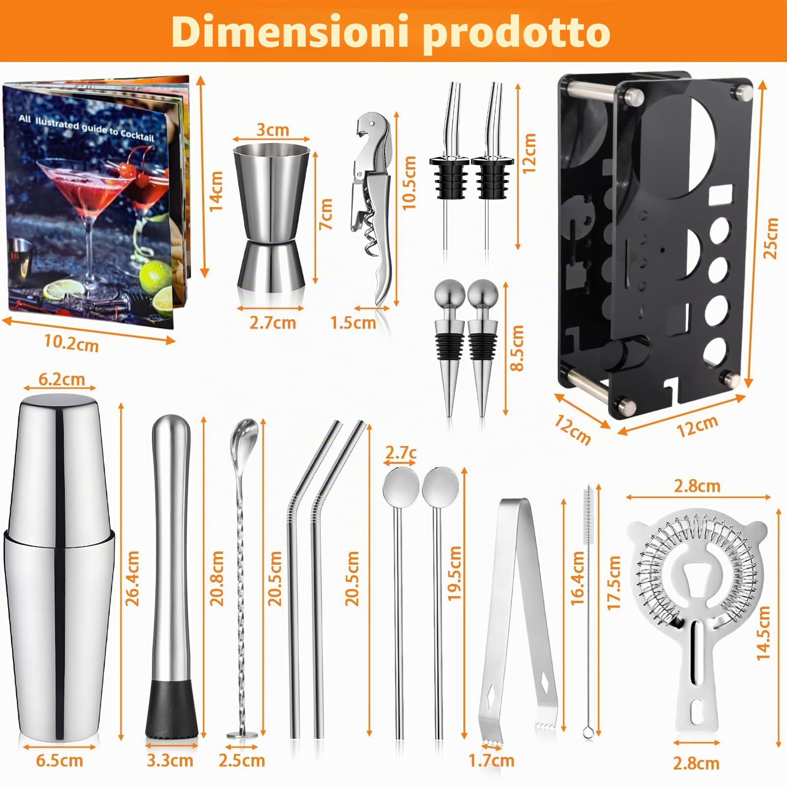 18 Pezzi Cocktail Shaker Set, Kit da Barman in Acciaio Inox, Kit Set Cocktail, Strumento Accessorio Barra Professionale, Set Regalo con Ricettario per Drink, Casa, Bar, Feste
