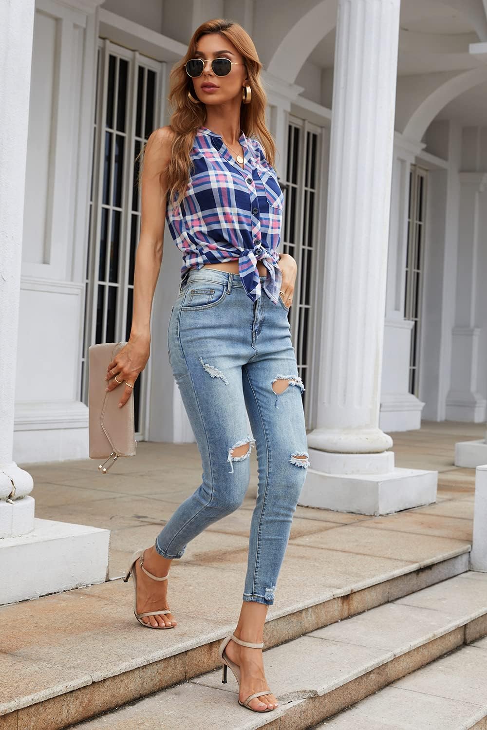 Women's Sleeveless Button Down V Neck Casual Plaid Shirts Tank Tops Blouse - Image 4