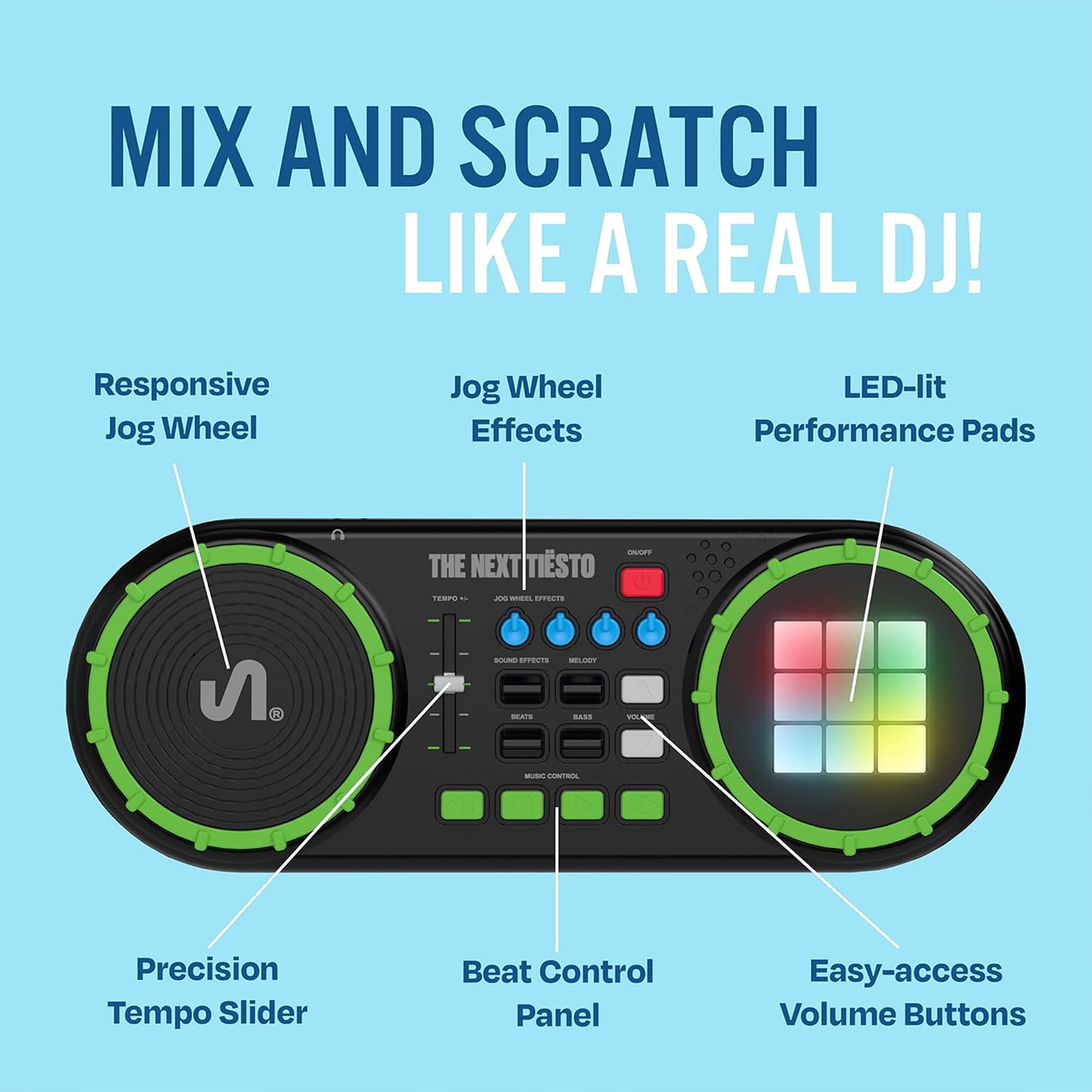 The Next Tiesto Kids DJ Mixer, DJ Toy for Kids with Jog Wheel, Tempo Slider, LED Pads, Sound Effects - Original Tiesto Sounds