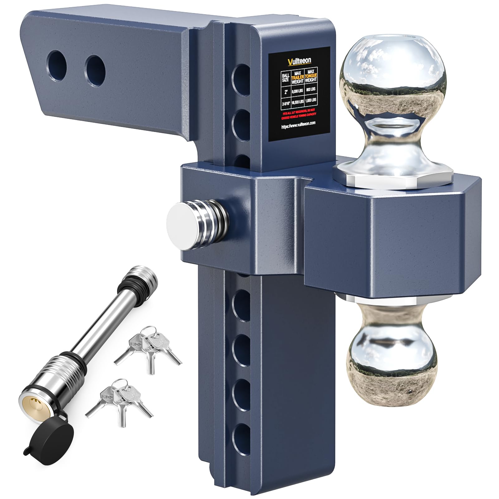 Photo 1 of Vullteeon Adjustable Trailer Hitch, Drop Hitch for 2.5 Inch Receiver, 8 inch Aluminum Truck Hitch, 2 and 2-5/16 inch Balls, 18,500 LBLBS GTW, Two Anti-Theft Pins Locks