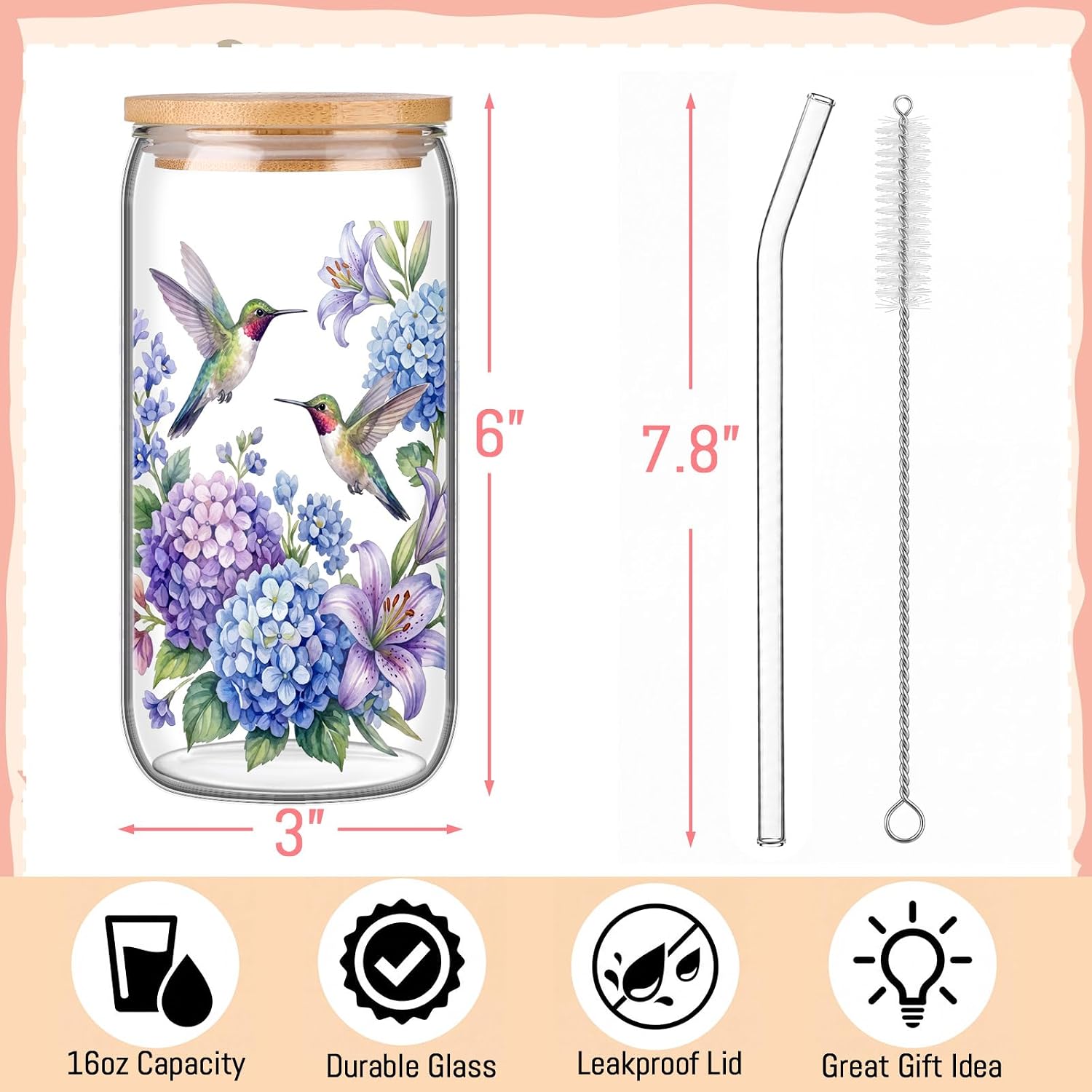 Patelai 6 Set Glass Cup with Bamboo Lids and Straws, 16 oz, Hummingbird