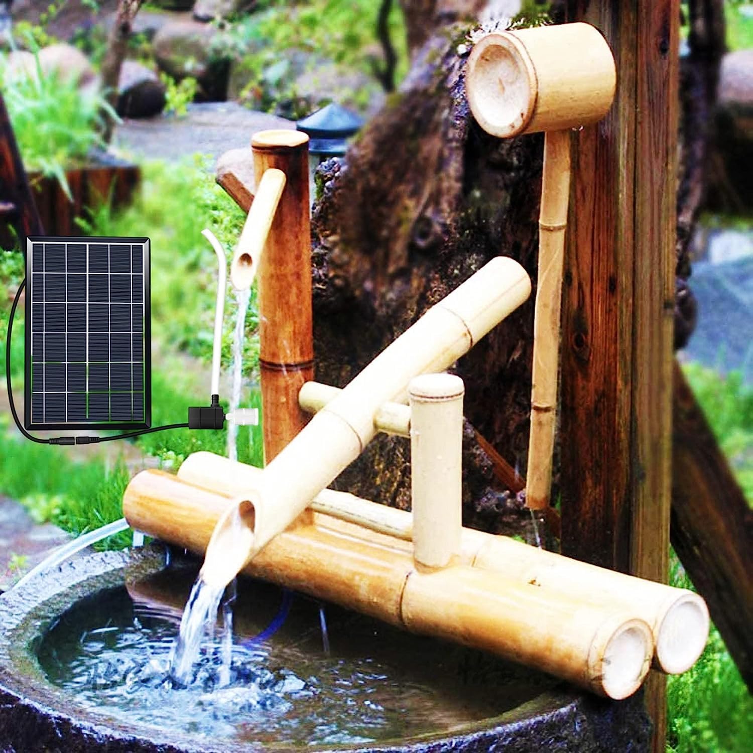 Fuente de Agua Solar de bambú, decoración del jardín Zen con Bomba y decoración de jardín Exterior extraño con energía Solar, para el jardín Interior Exterior