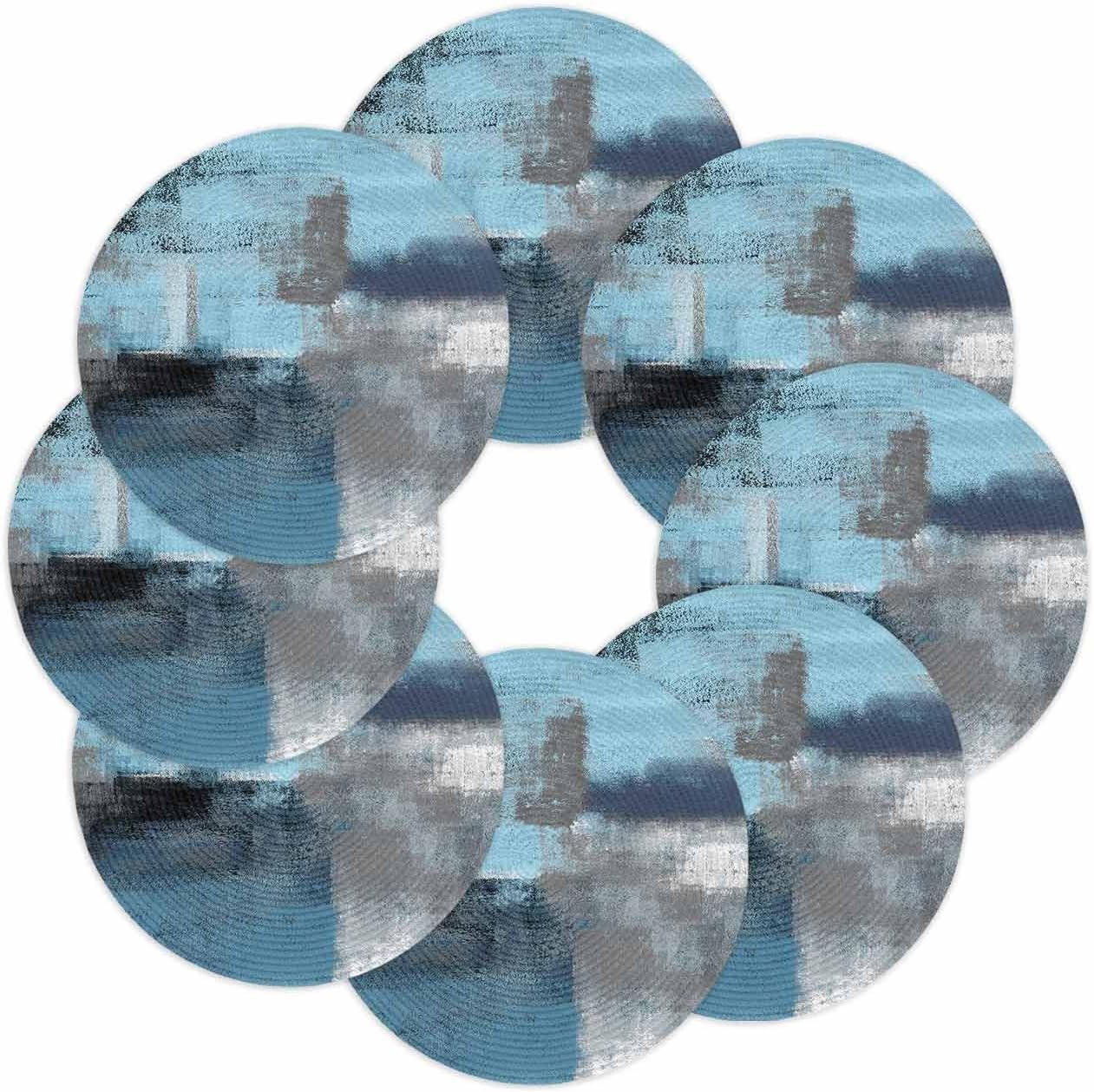 Round Placemats Ombre Blue Gray Painting Art Dining Tables Placemats Abstract Style Round Table Mats for Kitchen Dinning Home Decor Set of 8