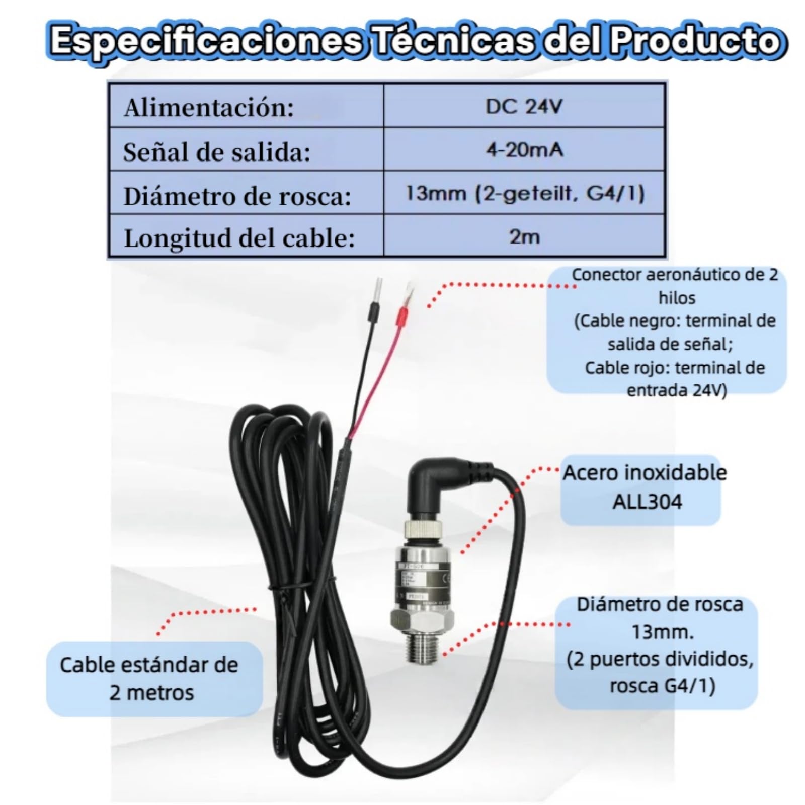 Trasmettitore di pressione in acciaio inossidabile 0-10Bar Sensore di pressione 1 Mpa Trasmettitore di pressione ad alta precisione Sensore di pressione dell'acqua Sensore piegature 24V DC 4-20ma