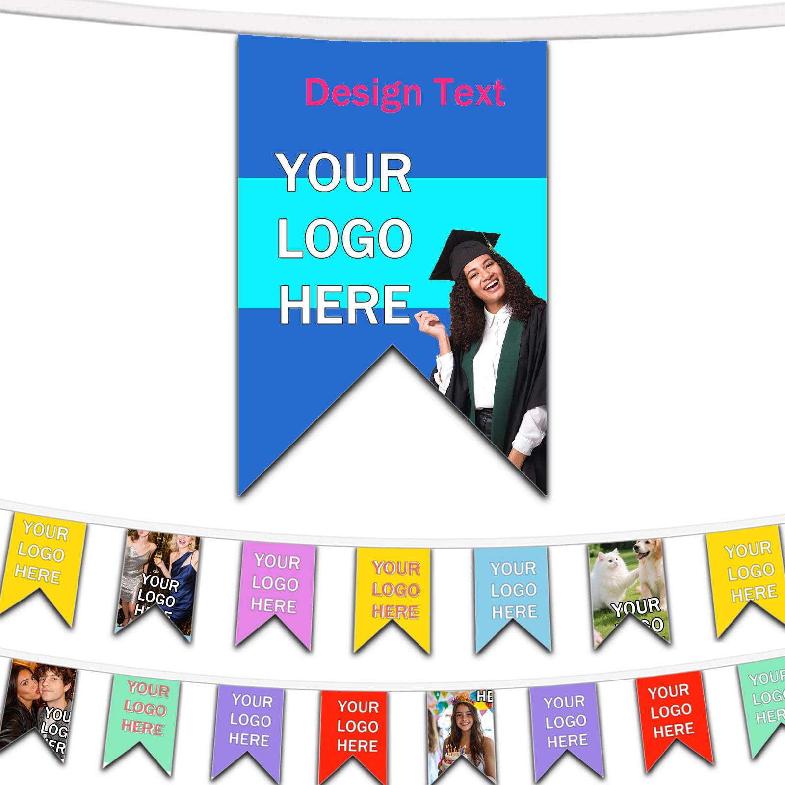Personalised Bulk Flags Banner|Custom Colorful Flags Banner with Text/Logo|Multicolor Assorted Shapes|Suitable for Birthday Parties Celebrations,retail &commercial decor (V-notch Banner)