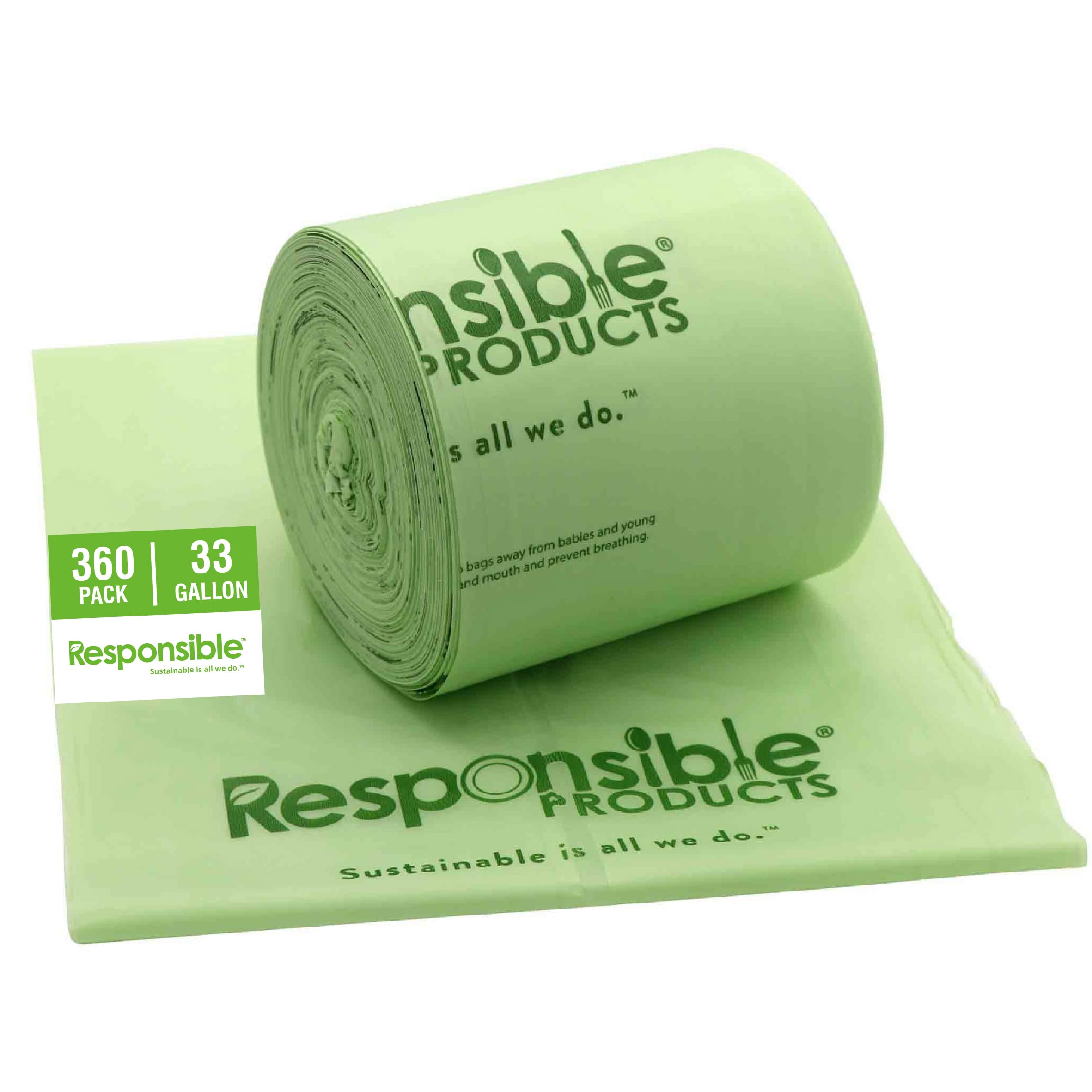 Compostable Tall Kitchen Trash Bags 33 Gallon - Heavy Duty Multipurpose Bin Liners for Food Scraps, Yard Waste & Compost (360 Count)