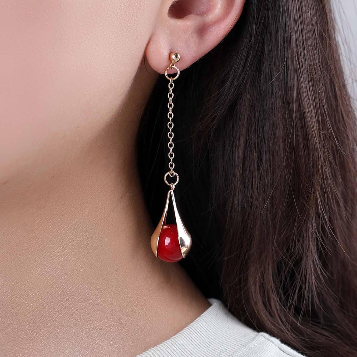 Vintage Long Pearl Drop Earrings Round Pearl Dangle Earrings Gold White Pearl Bridal Earrings Single Pearl Earrings Pearl Bead Earrings Wedding Earring Jewelry for Women - Image 5