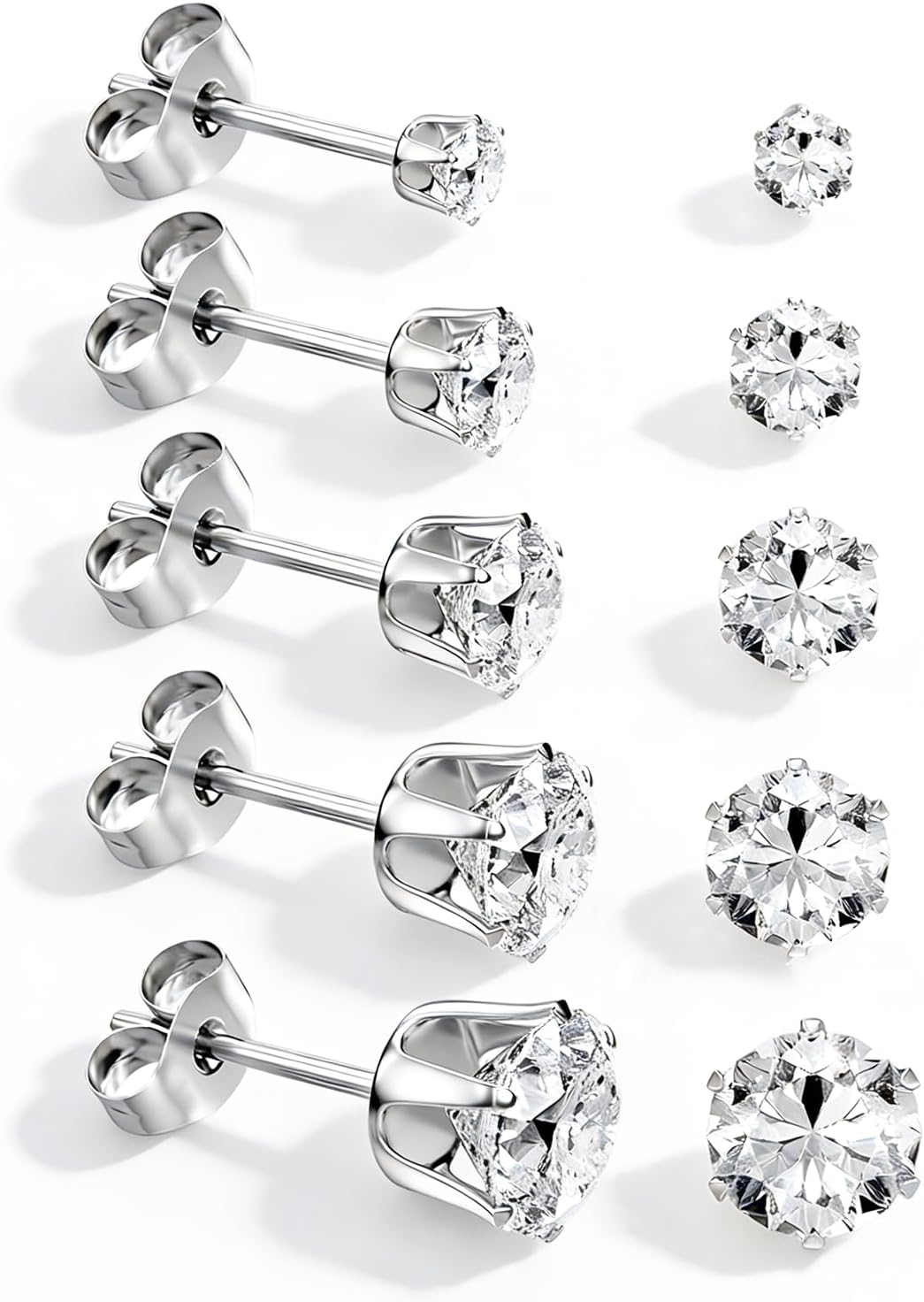 5 Pairs Stainless Steel Stud Earrings Set Silver 14K Gold Plated Stud Earrings 316L Hypoallergenic Cubic Zirconia CZ Earring for Women 3-7 mm