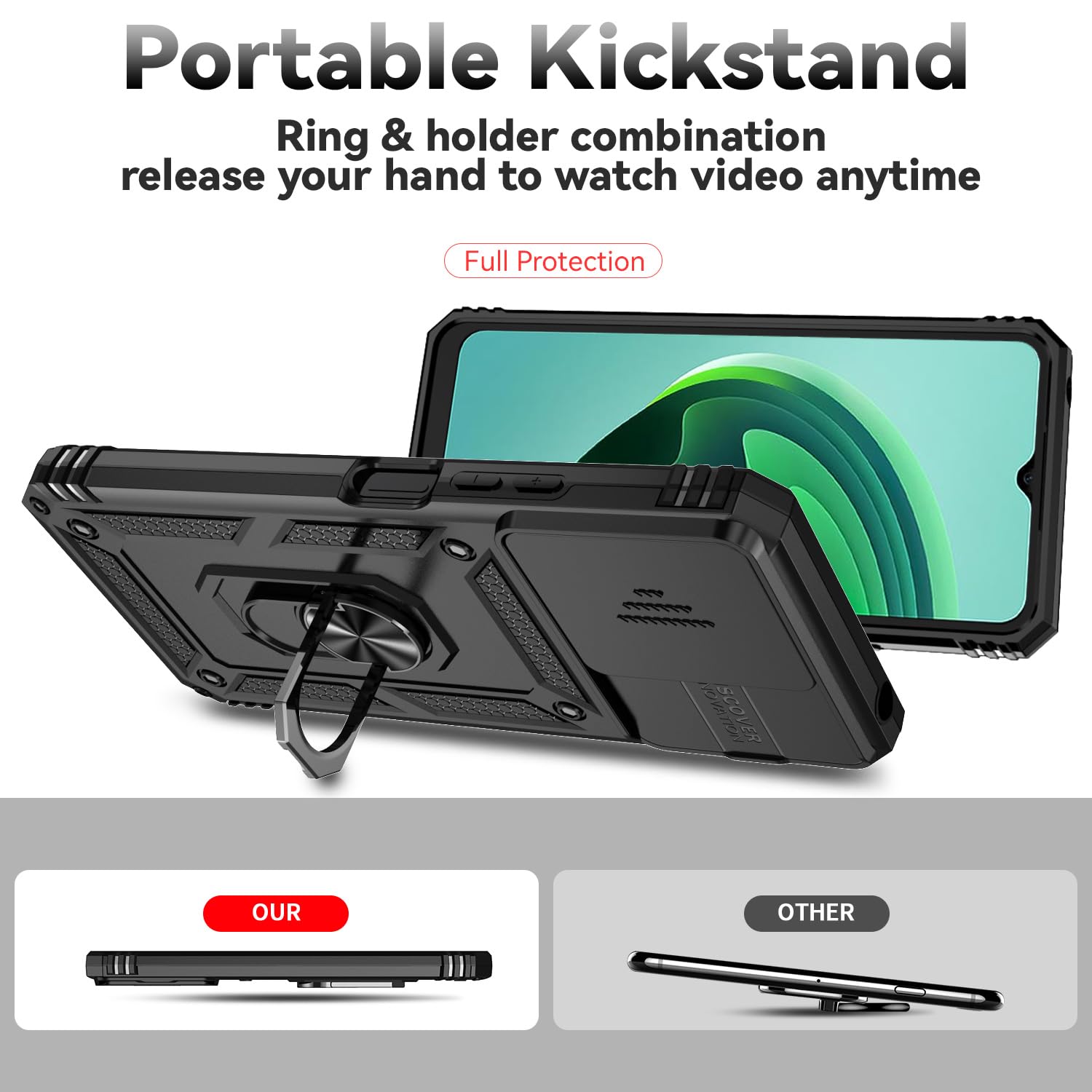 Jiyu Funda Compatible con Xiaomi Redmi 13C/ Poco C65 Carcasă Armor Militar Cubierta de Cámara Deslizante Proteger Fundas con 360 Full Protección Anillo Soporte Silicona Estuche Cover Case,Negro — view 6