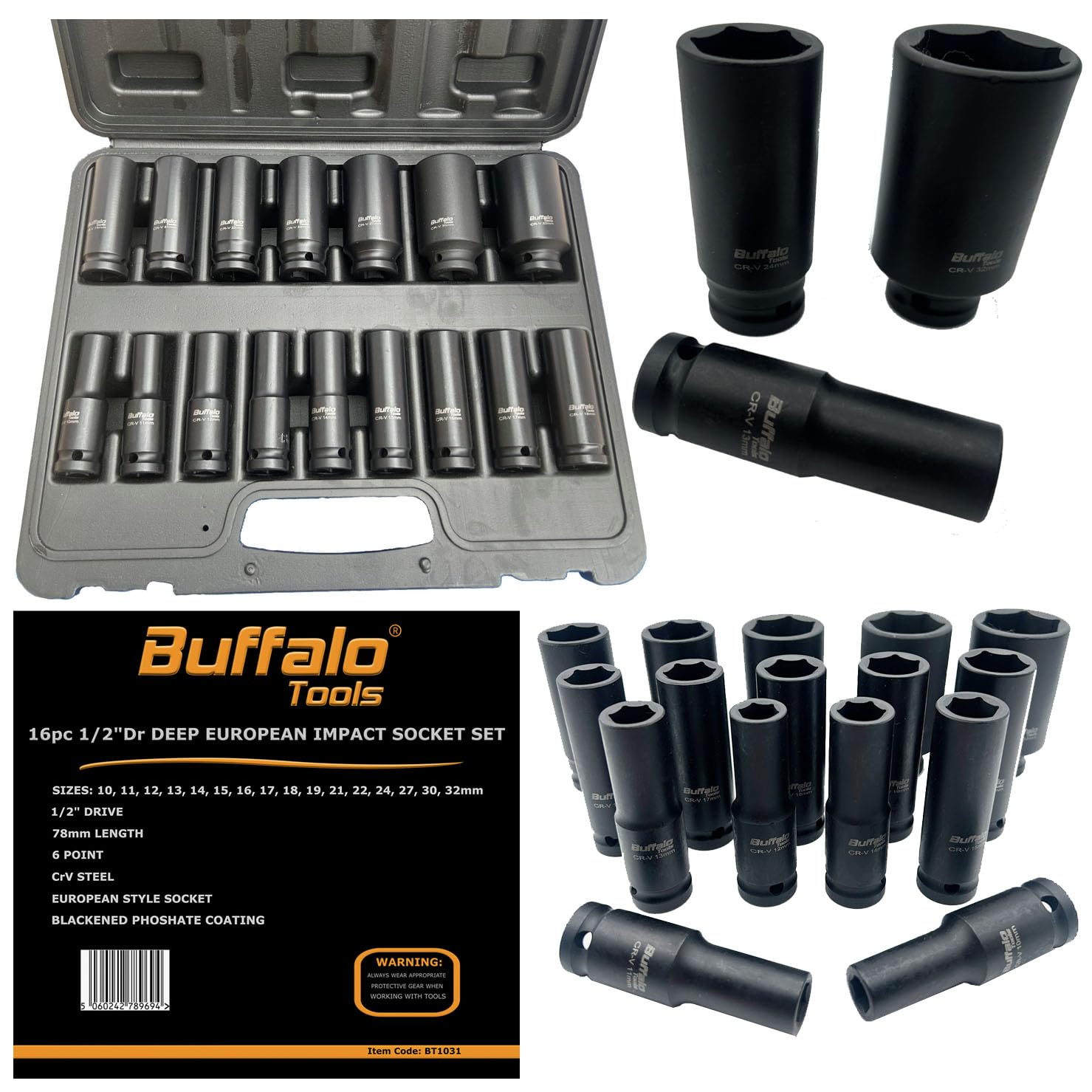 Buffalo Tools Black 16Pc 1/2 Inch Deep Impact Socket Set, Metric, 10Mm-32Mm, 6 Point European Style Sockets, Durable Chrome Vanadium Steel, Rust Resistant Finish, Comes In Storage Case