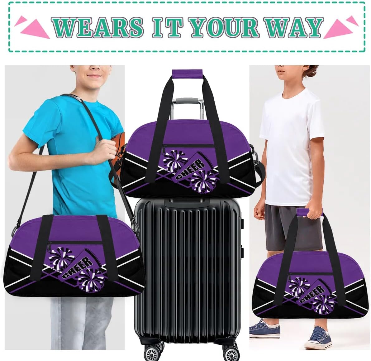 Cheer Kid Duffel Bag Collapsible Sports Gym Bags Travel Weekender Overnight Bag for Girls Boys Personalized Gymnastics Sleepover Bag Purple Black - Image 5