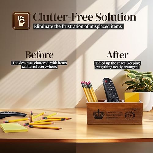 Miniatura 6 de Flexzion Portalápices de madera rústica para oficina, 3 compartimentos, organizador de almacenamiento de escritorio y mesa, soporte multifuncional