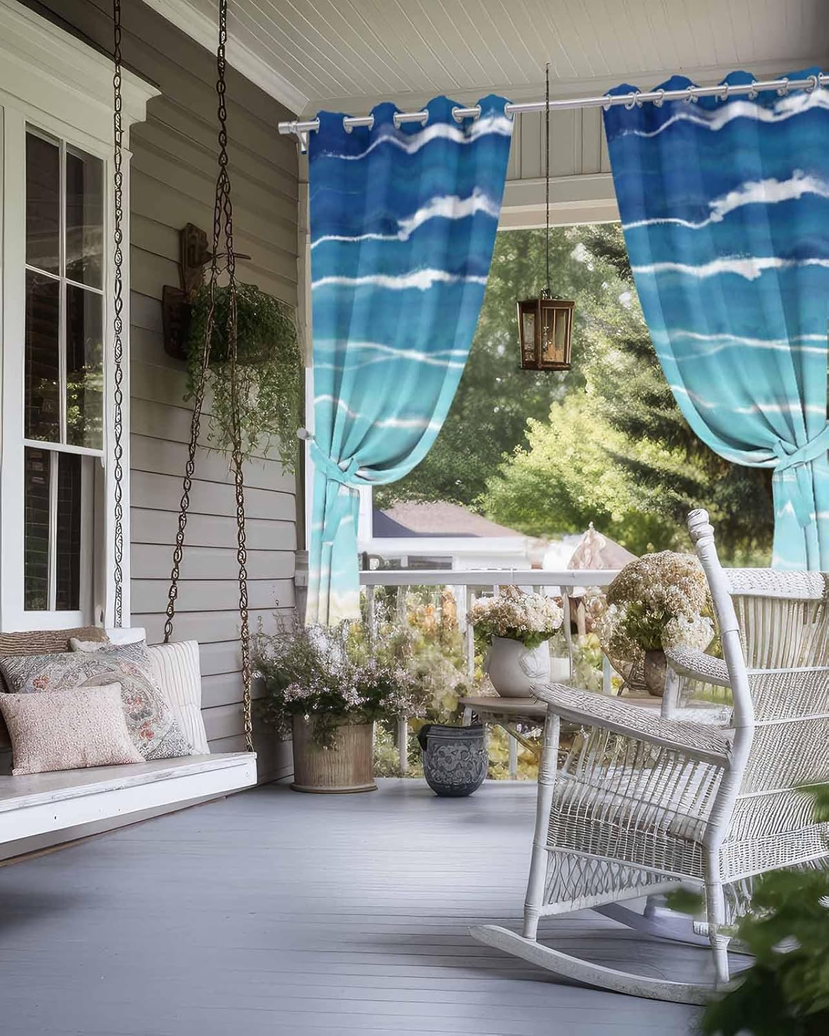 Summer Ocean Outdoor Curtain for Patio Waterproof, Blue Gradient Ocean Waves Outside Curtains with Grommet Top Curtain Panels Drapes for Pergola, Gazebo, Balcony 54" W x 84" L 2 Pcs