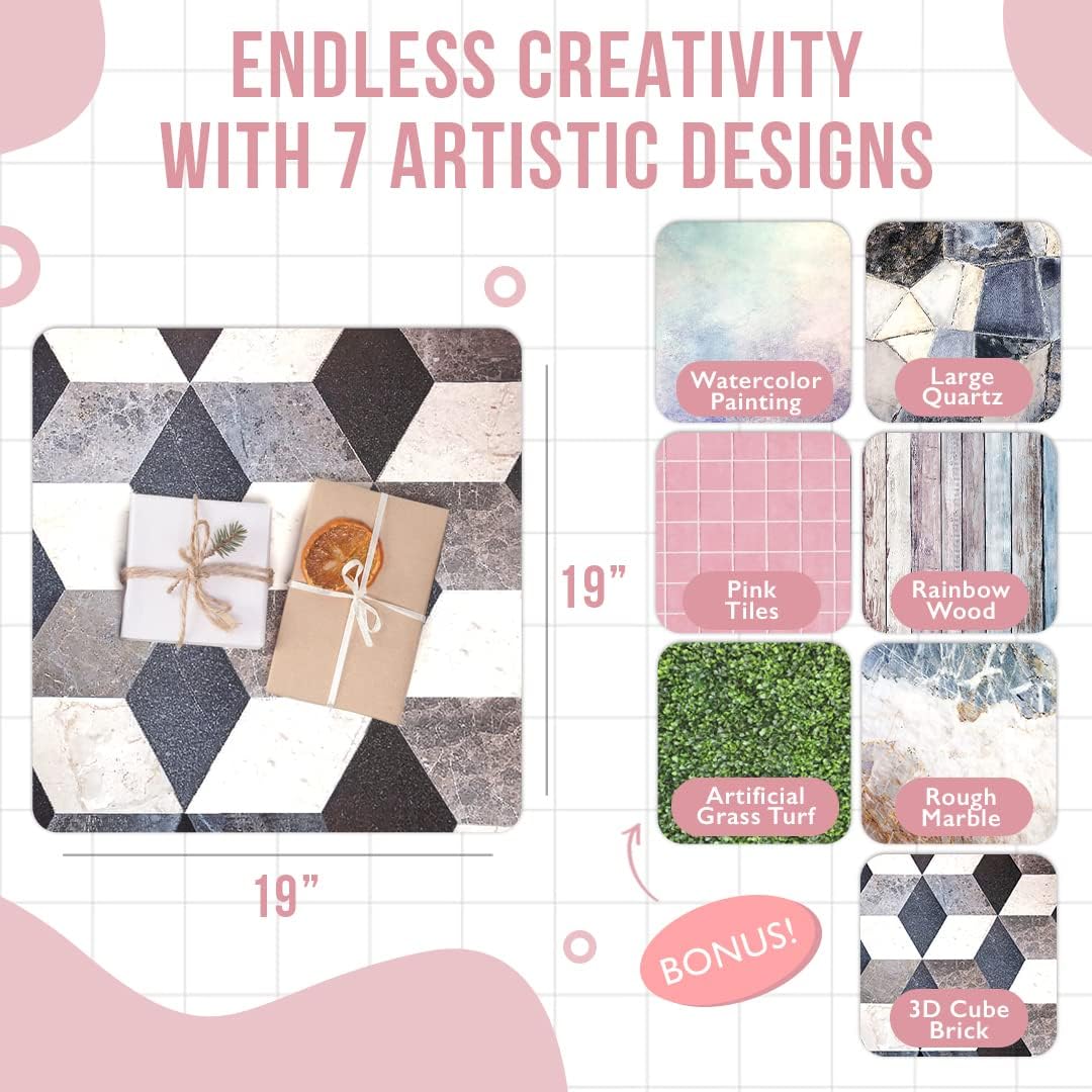 Magipea Photo Backdrop Board - 7 Designs Marble, Wood, Brick, Pine, Vintage, Herringbone, Grass - Flat Lay Backgrounds for Jewelry or Food Product - Tabletop Prop 19x19in - Instagram Pics Anywhere