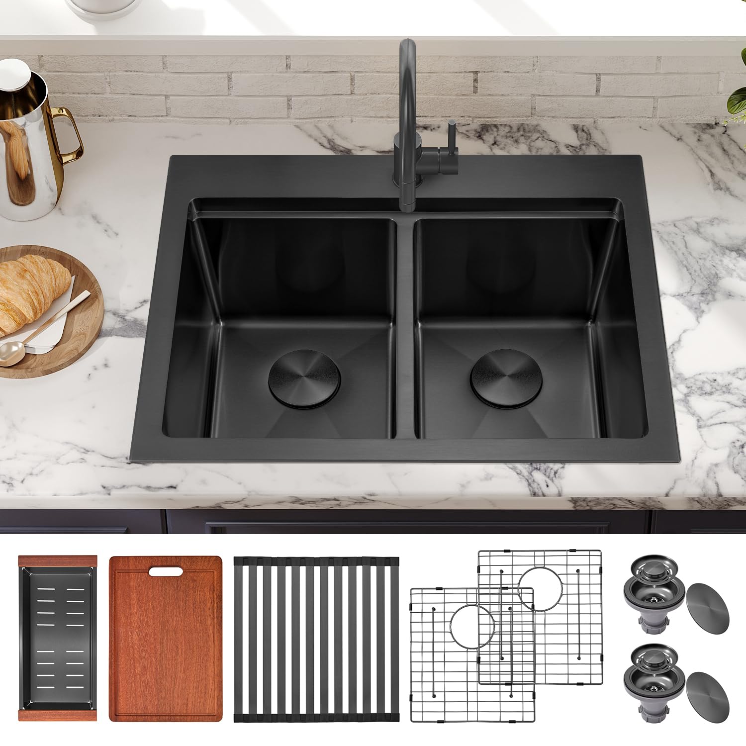 26 Inch Black Double Bowl Kitchen Sink, Black Drop in 16 Gauge T304 Stainless Steel Sinks, Workstation Sink 50/50 Topmount Double Basin with Accessories, 10'' Deep Laundry Outdoor Sinks