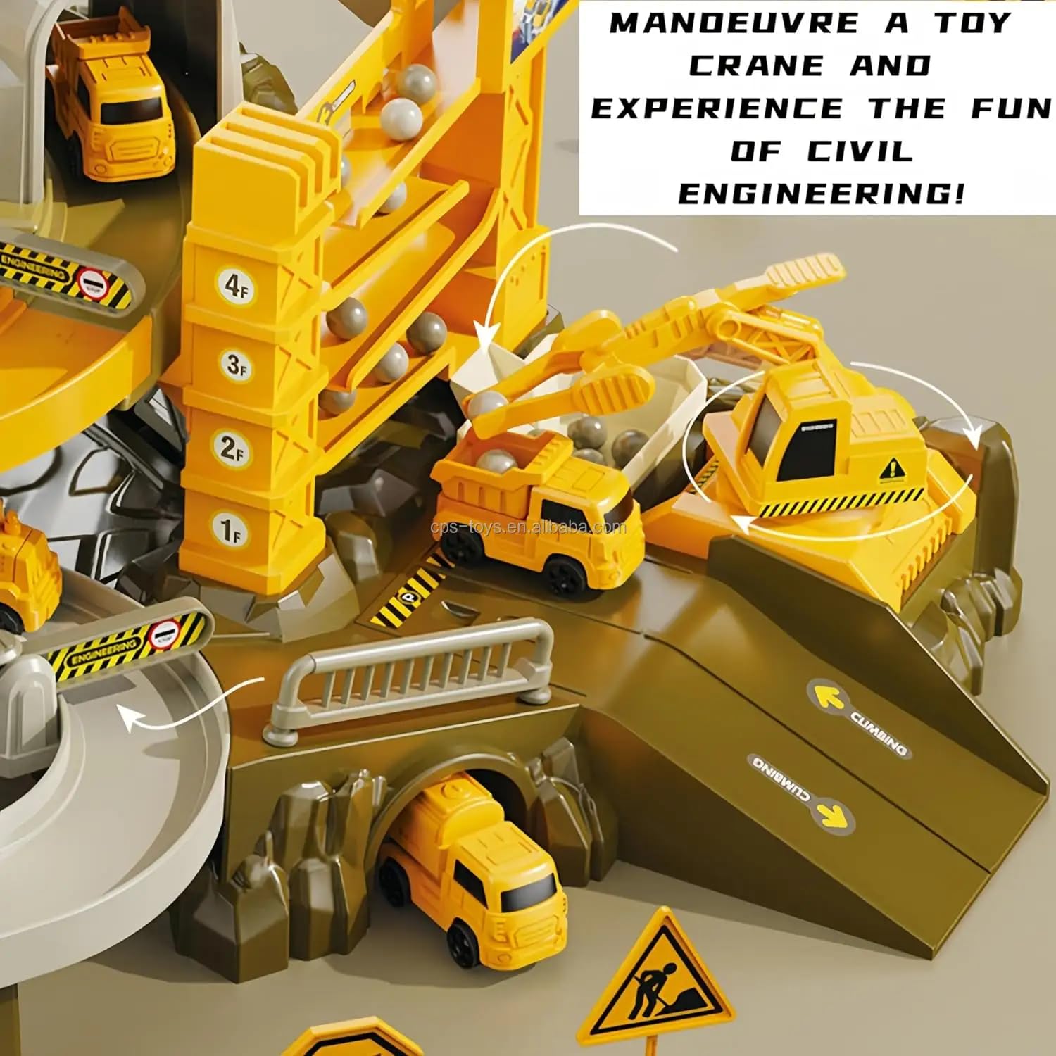 Mining area - Pista Cantiere Bambini con Camion e Ruspe – Giocattolo Costruzioni Educativo 3-8 Anni con Gru, Betoniere, Nastro Trasportatore e Scivolo Palline – Set Macchinine da Cantiere