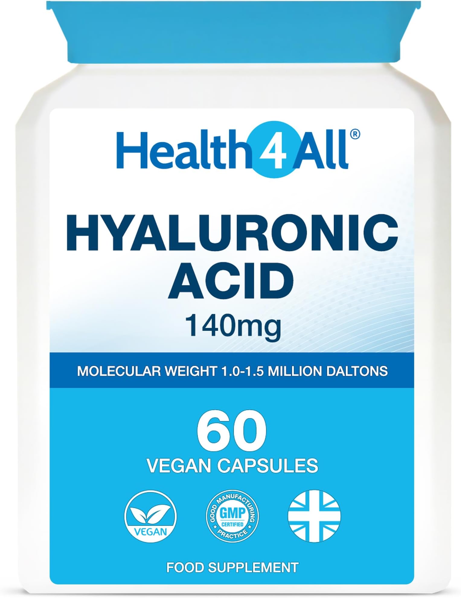 Hyaluronic Acid 140mg, 60 Capsules 2 Months Supply, 1.0-1.5 Million Daltons for Radiant Skin, Hair and Joint Support | High Strength Vegan Supplement with Glucoronic Acid | Made in UK