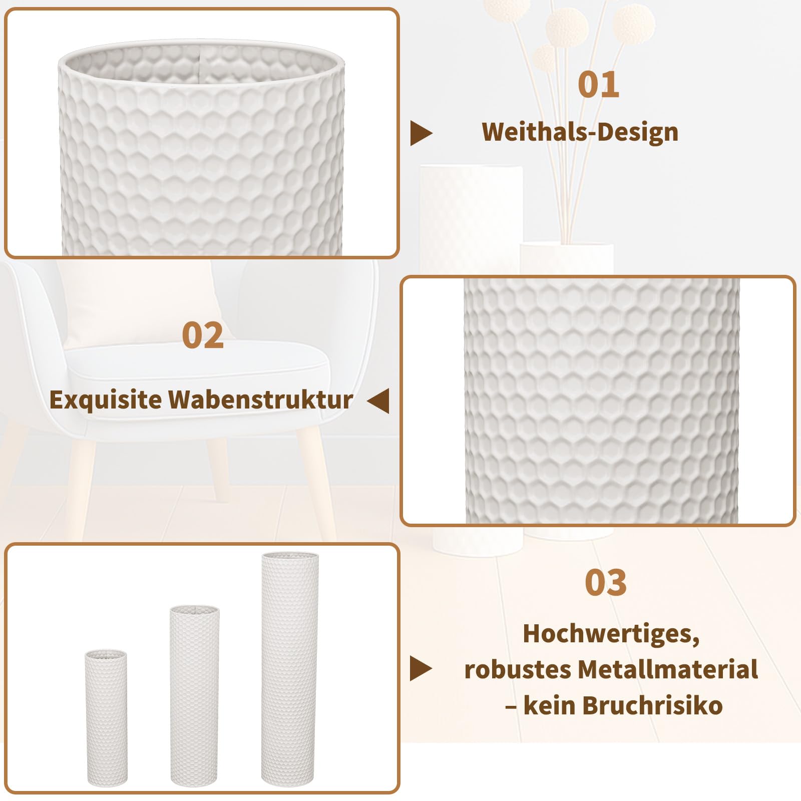 aleawol Bodenvase Weiß Groß 70/55/40cm, Hohe Bodenvasen Set of 3 | Hohe Bodenvase Metall für Pampasgras Trockenblumen, Moderne Wabenstruktur Vasen für Boden für Wohnzimmer Schlafzimmer Corner