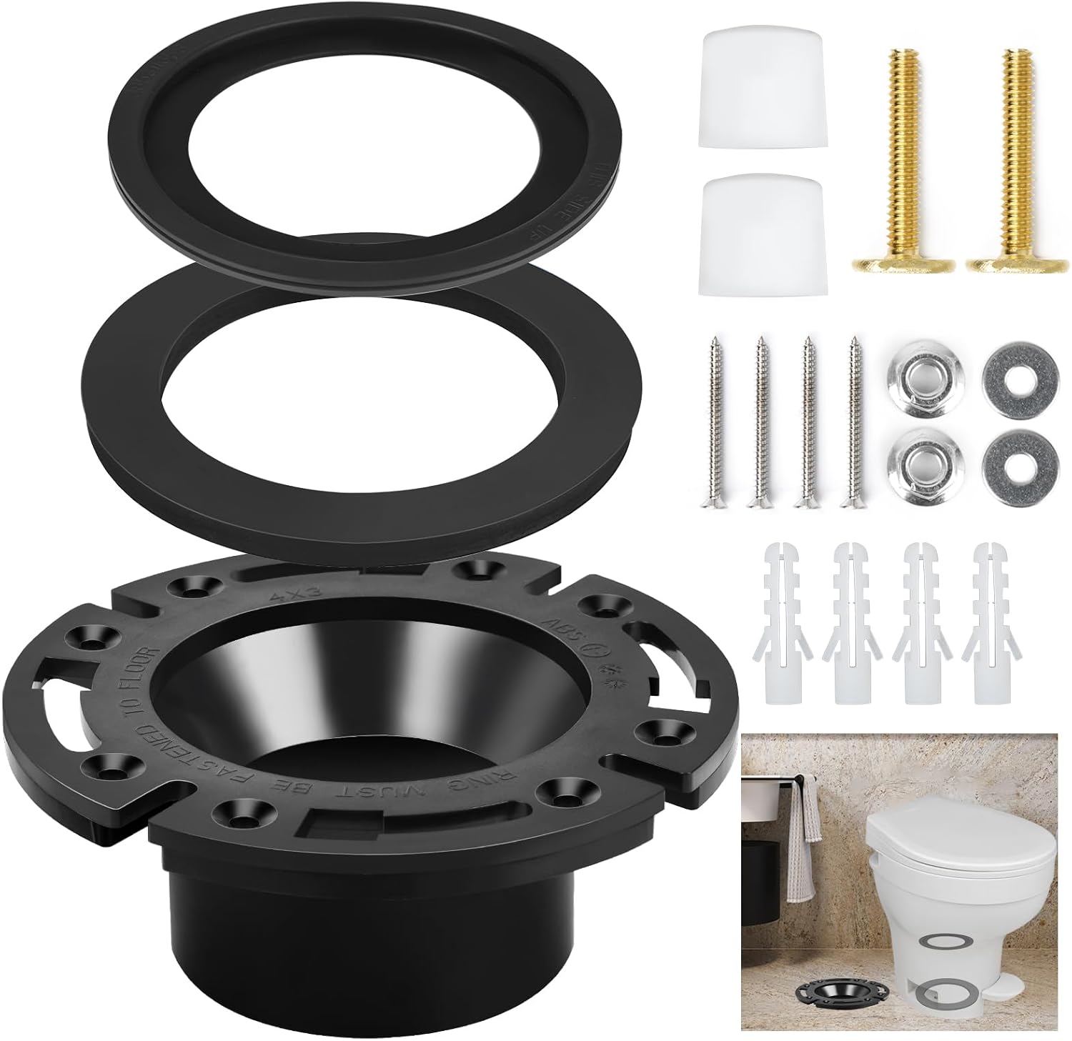RV Toilet Seal and 3" Socket Floor Flange Kit for Dometic 300 310 320 RV Toilets, Replacement Parts Kit 385345892 Flange, 385311658 Flush Ball Seal and 385311652 Base Seal Gasket, 3 in 1 Combo Kit