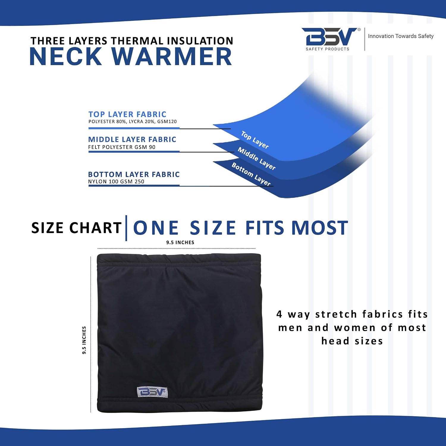 BSV Neck Warmer - Windproof Thermal Winter Neck Gaiter with 3-Layer Insulation - Unisex Universal Fit for Slim Adults - Black