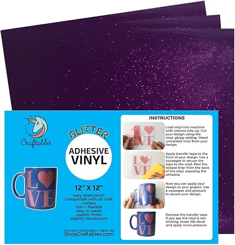 Craftables Vinilo adhesivo morado con purpurina para Cricut, Silhouette Cameo y cortadores de manualidades, (3) hojas de 12 x 12 pulgadas