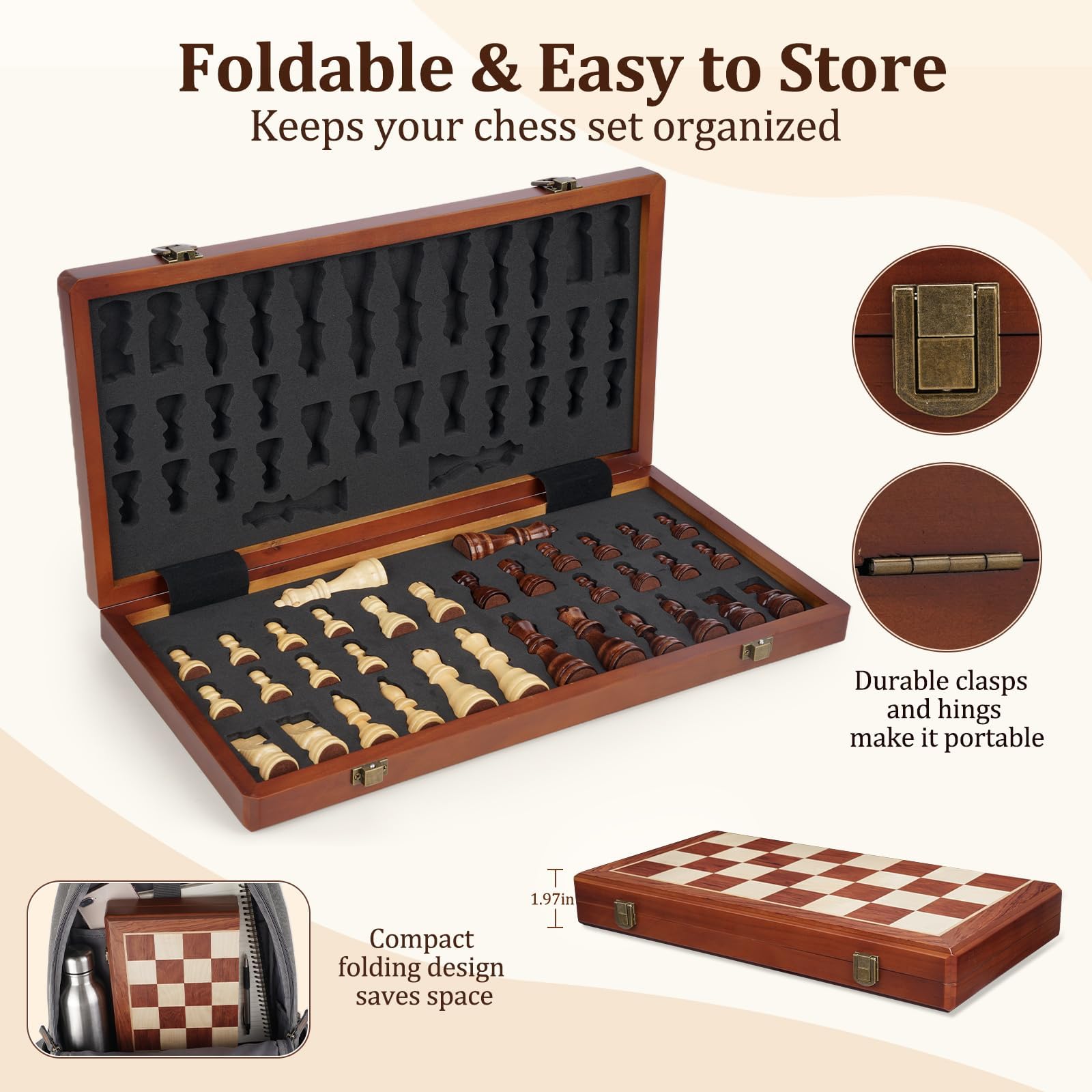 Magnetisches Schach-Set aus Holz für Erwachsene und Kinder, handgefertigt, faltbar, mit individuellen Aufbewahrungsfächern, 2 zusätzlichen Königinnen, tragbares Reise-Schach-Set, Heim- und