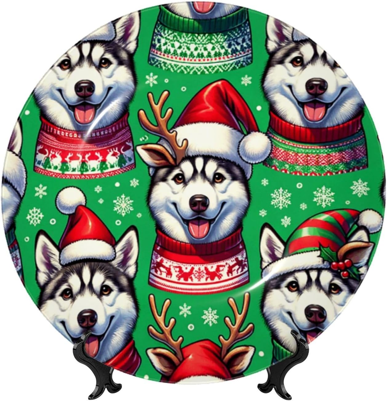 Christmas-Siberian-Huskies-Snowflakes 10 Inch Decorative Plate With Stand, Elegant Display Wall Plate For Home Decor