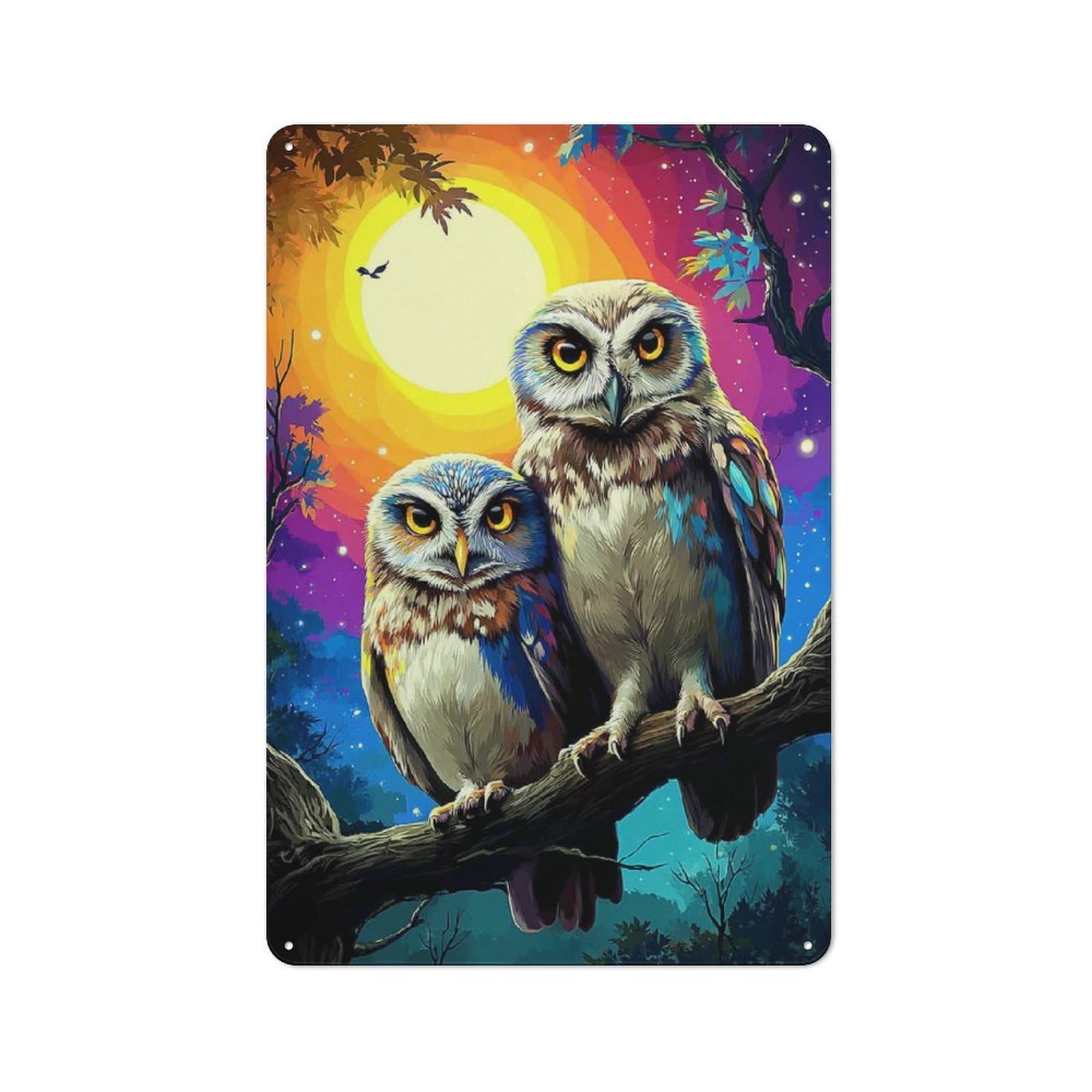 Junmoney Colorful Night Owls Art Print Tin Wall Plaque 30X20cm With For Garage Or Workshop, For Living Room, Hallway And Entrance Wall Decor