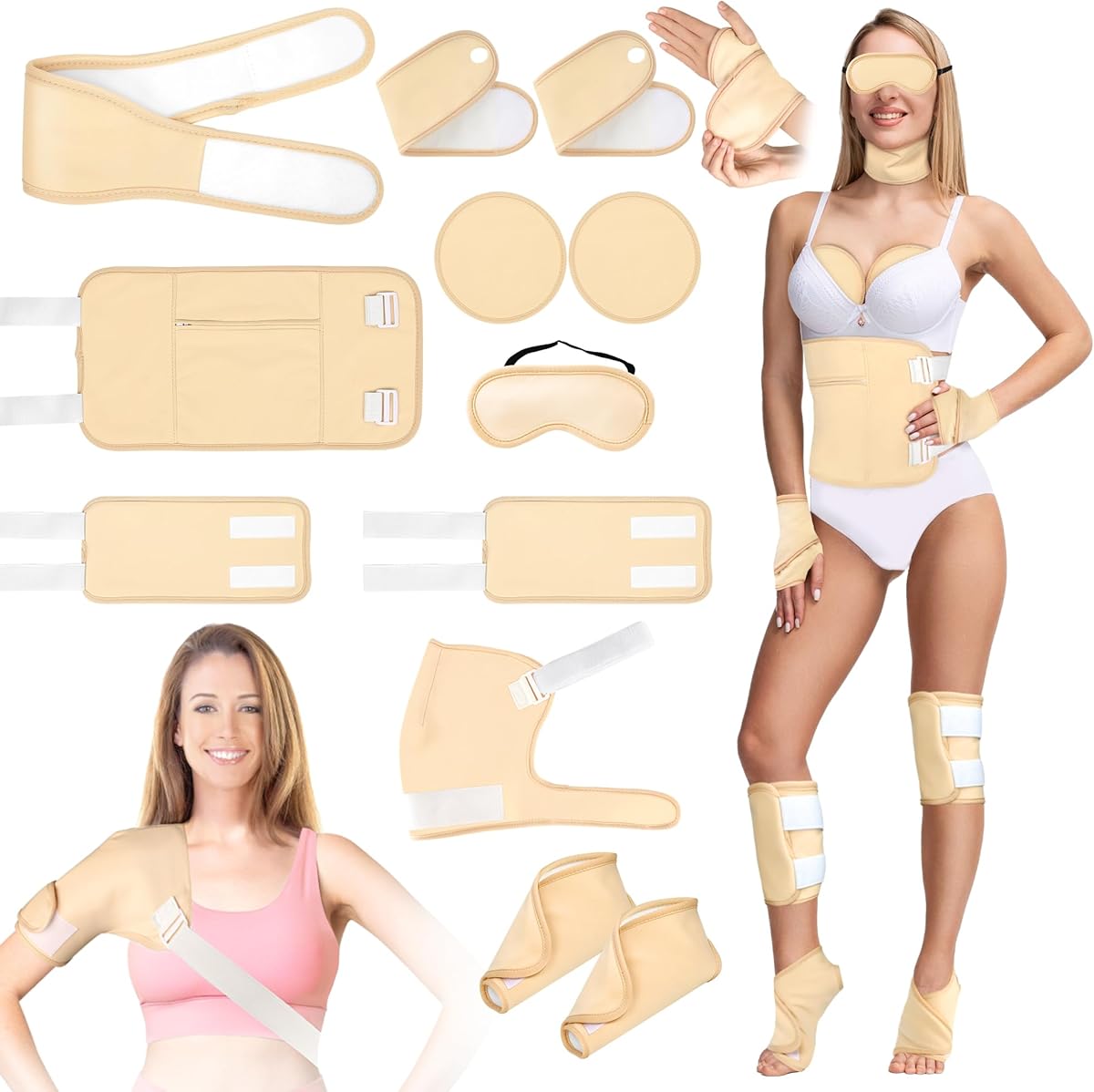 Castor Oil Pack Wrap, 12 Pcs Reusable Castor Oil Pack Kit Organic Cotton for Shoulder Hands Neck Waist Chest Knees and Feet, Adjustable Compress Pads for Entire Body