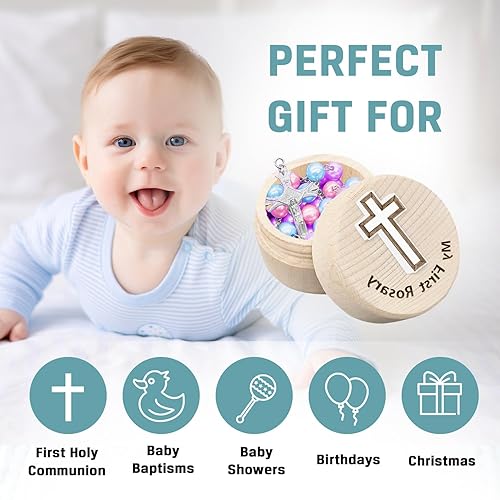 Miniatura 6 de Regalos de bautismo católico, mi primer rosario y caja de recuerdo, juego de rosario, cuentas de rosario multicolor católicas para hombres, mujeres