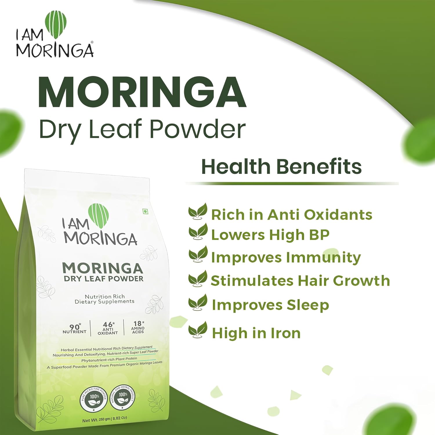I am Moringa Moringa Powder 250 grams, 100% natural drumstick leaf powder for the skin, hair healthy plant based protein powder without any chemicals and preservatives I am Moringa Moringa Powder 250 grams, 100% natural drumstick leaf powder for the skin, hair healthy plant based protein powder without any chemicals and preservatives