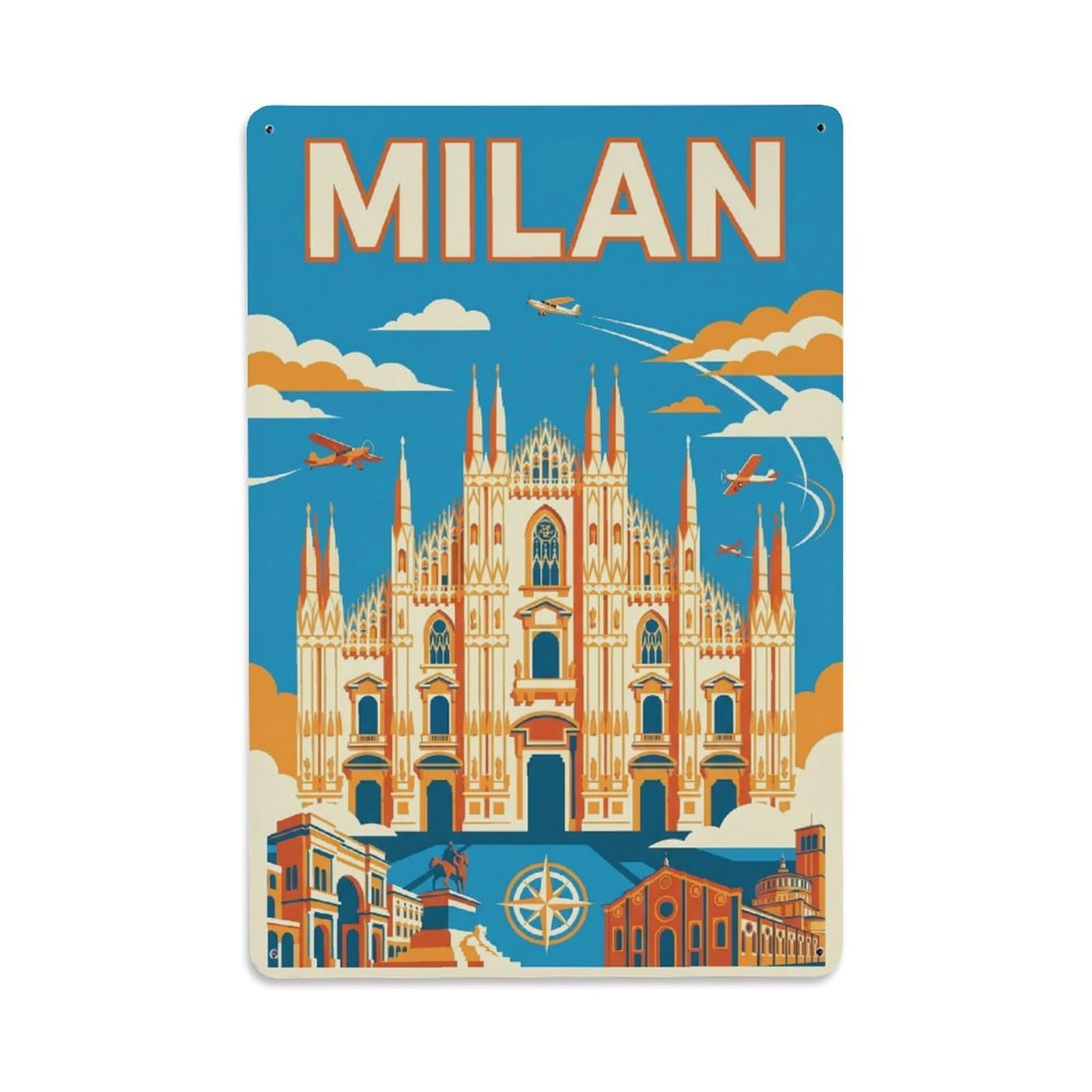 Olhnbad Style Historic Milan Italy Aviation City Travel Metal Tin Sign