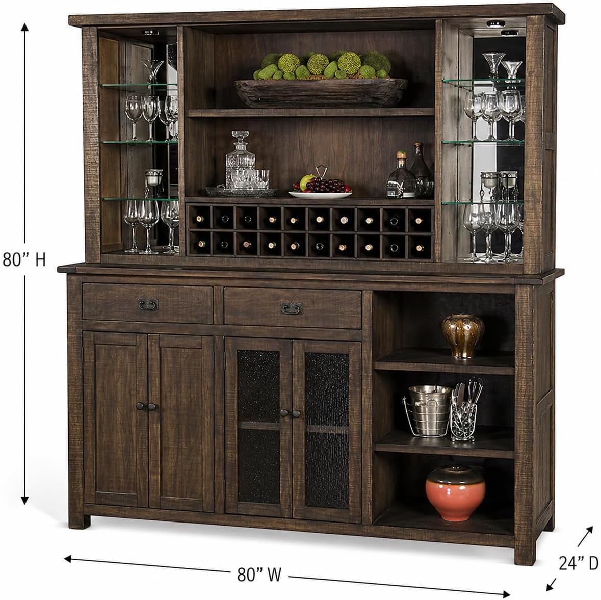 Pemberly Row 80" Transitional Wood Hutch and Buffet, Tobacco Leaf Finish, Mahogany Solids and Veneers, Adjustable Shelves, Wine Storage for 20 Bottles, Glass Details, LED Lights, Home Bar Furniture