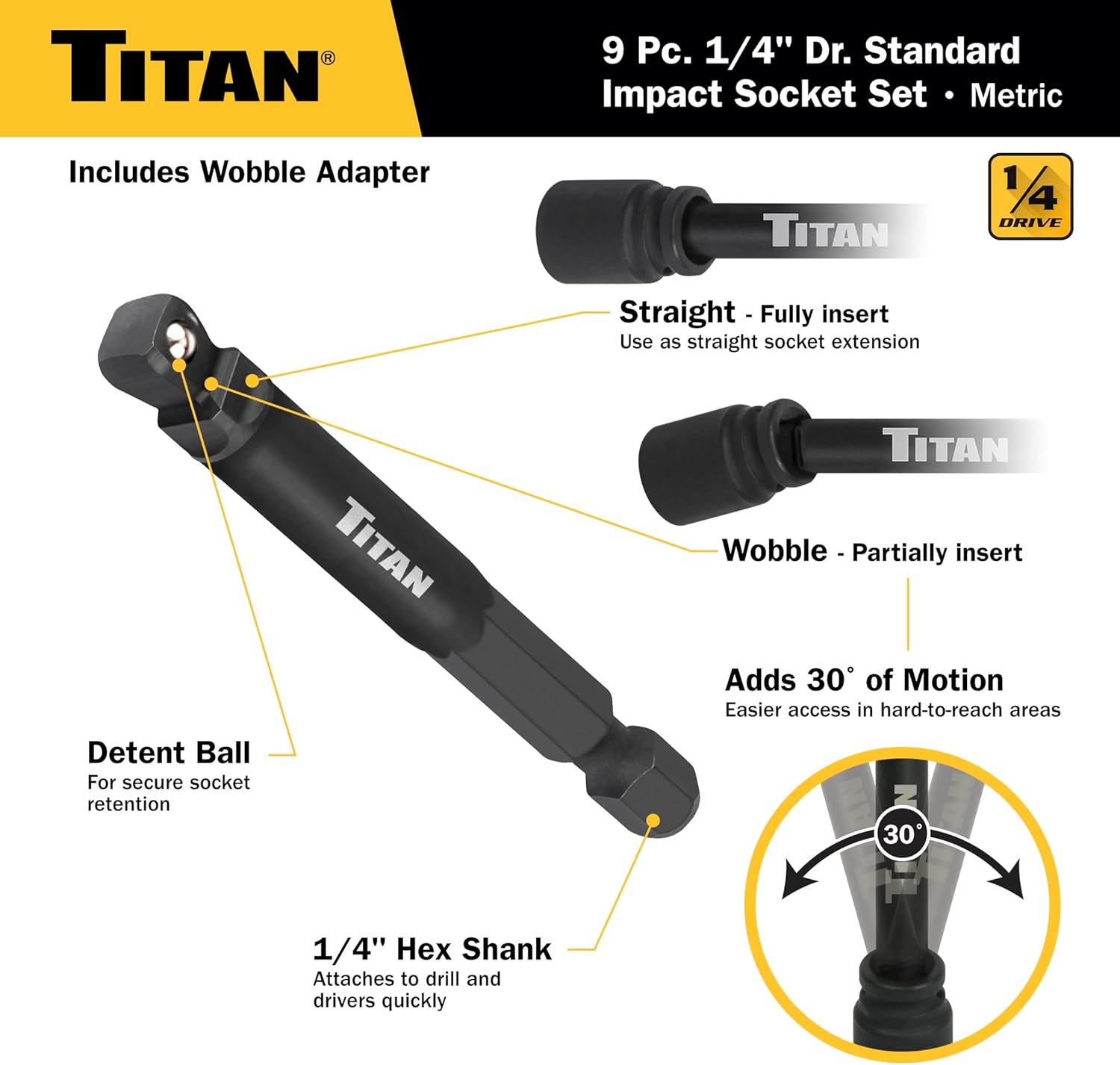 Titan 46201 9-Piece 1/4-Inch Drive Metric Shallow Impact Socket Set, 6-Point, Metric Sizes 6 to 14mm