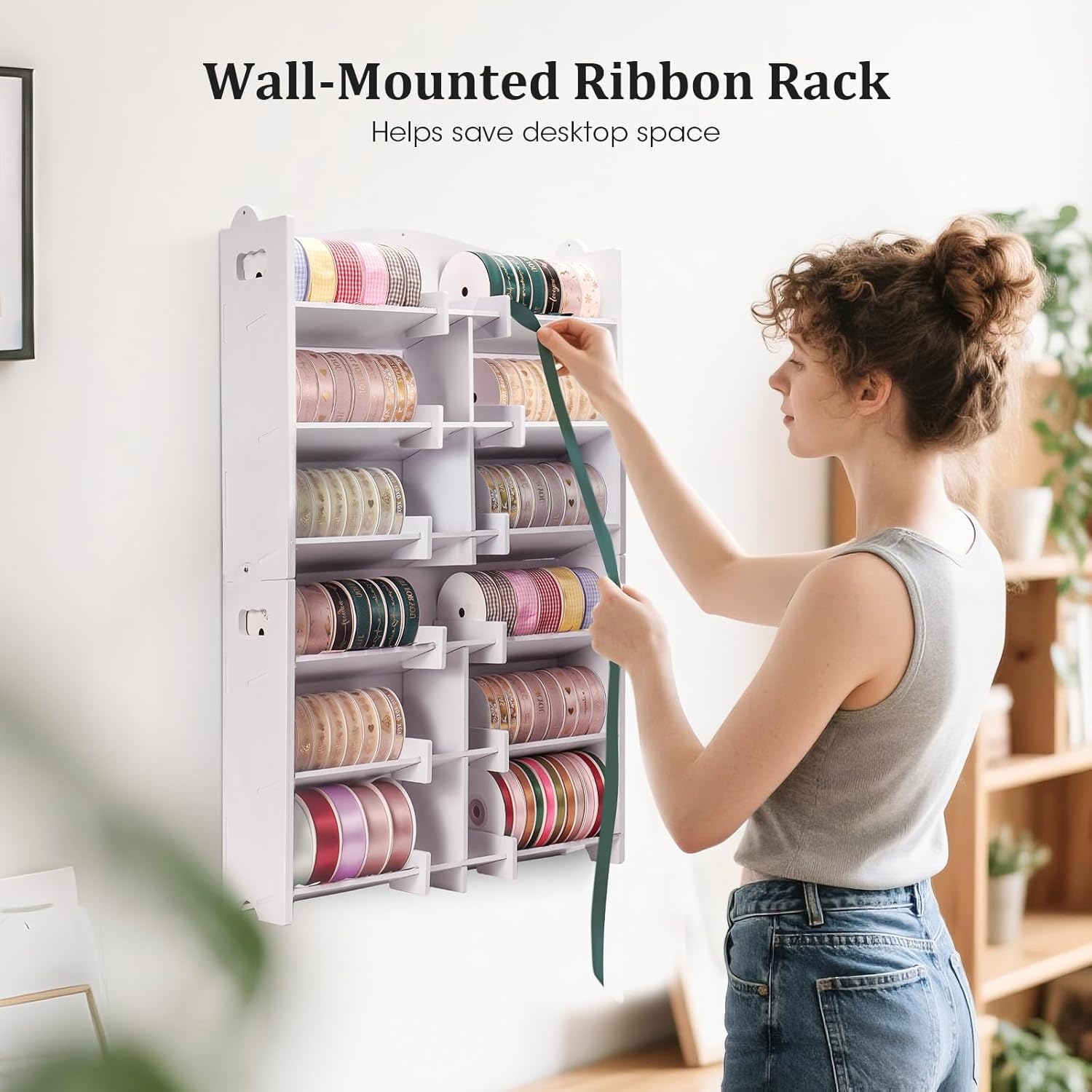 Krafetto 2 Pack Stackable Small Roll Ribbon Storage Organizer Rack, Wall-Mountable Ribbon Holder Rack for Craft Room, Desktop Ribbon Spool Holder for Ribbons up to 4" in Diameter