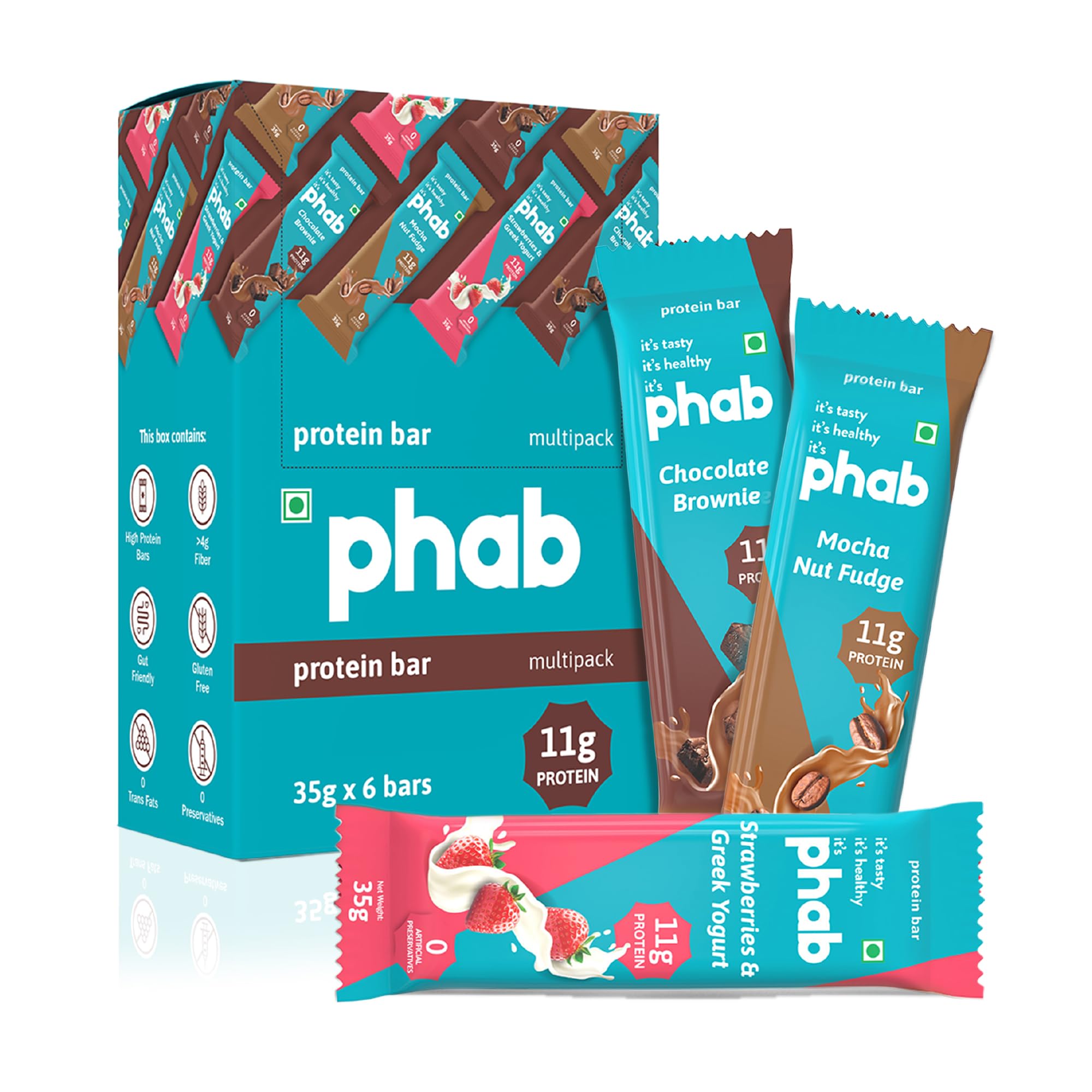 Phab Assorted Protein Bars (Chocolate, Mocha, Strawberry) 11g Protein, No Added Sugar | High Fibre, Trans Fat-Free & No Preservatives | Diabetic Friendly |Healthy & Tasty | GMO Free (Pack of 6 x 35g)