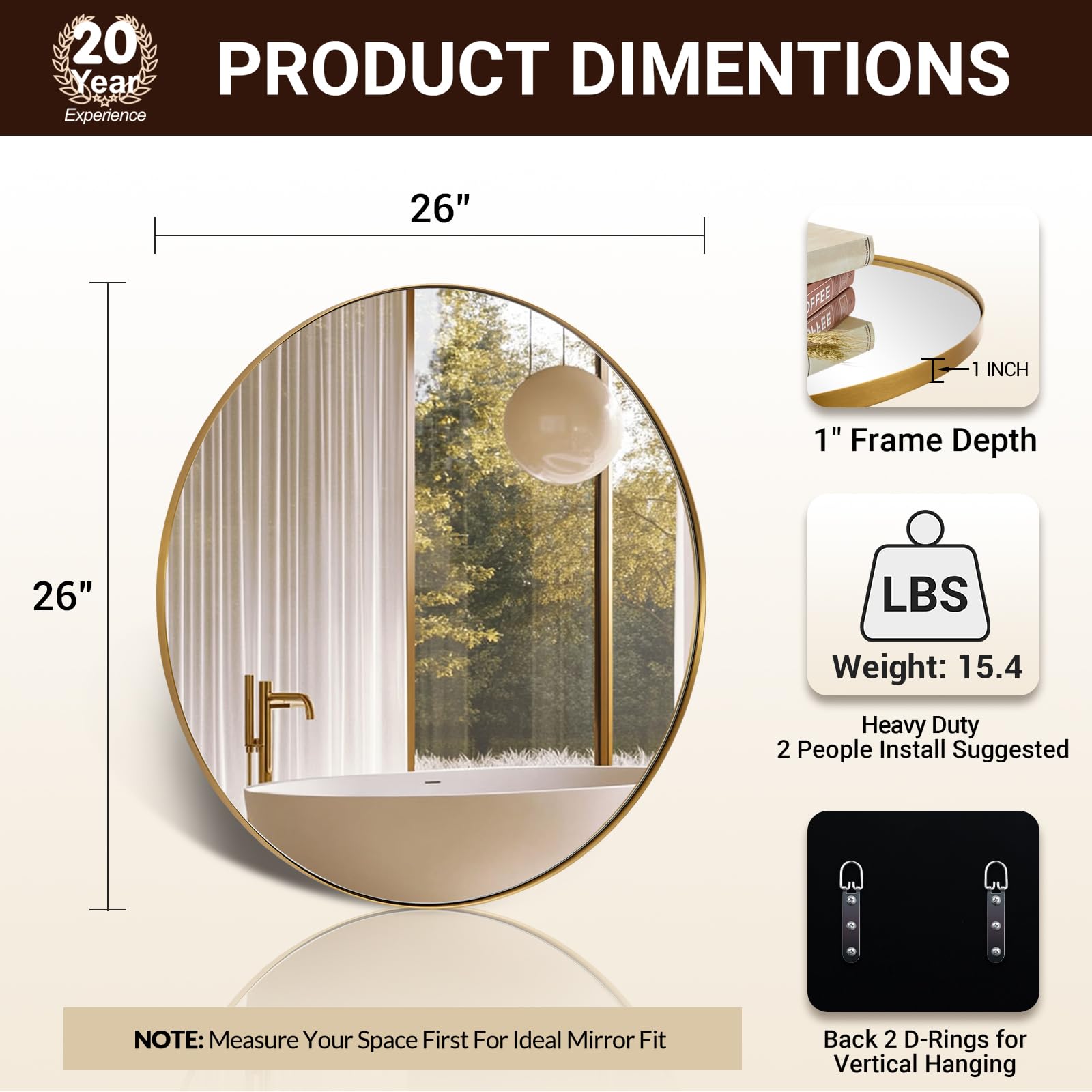 The Best Round Wall Mirrors in 2026 2 ANDYSTAR ANDY STAR 26 Inch Round Mirror, Brass Bathroom Mirror, Gold Circle Mirr — product photo