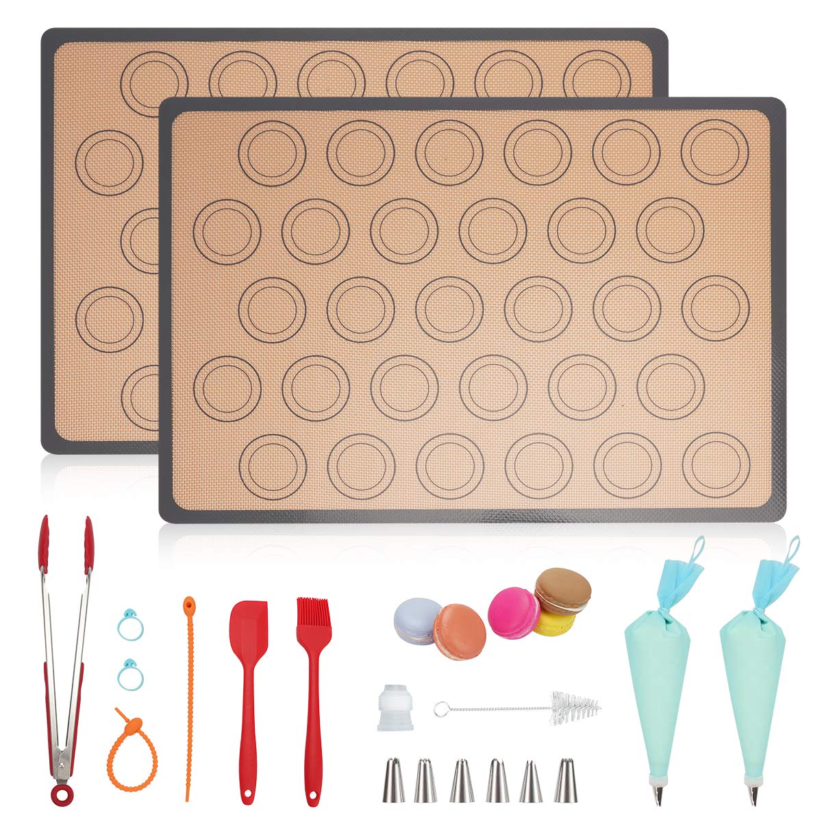 NASNAIOLLSilicone Macaron Mat Kit,Baking Mat Sheet:2Half Sheet mats 11.6"x16.5"+1Pastry Brush+1Spatula+6Piping Tips+2Piping Bags+2Bags Tie+2Baking mat Tie+2Couplers+1Tongs+1Cleaning brush+2Macaronbox