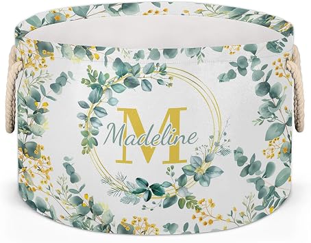 Custom Eucalyptus Round Storage Basket,Personalized Large Foldable Fabric Blanket Storage Basket with Rope Handle, Flower Leaves Toy Clothes Organizer for Bedroom Living Room