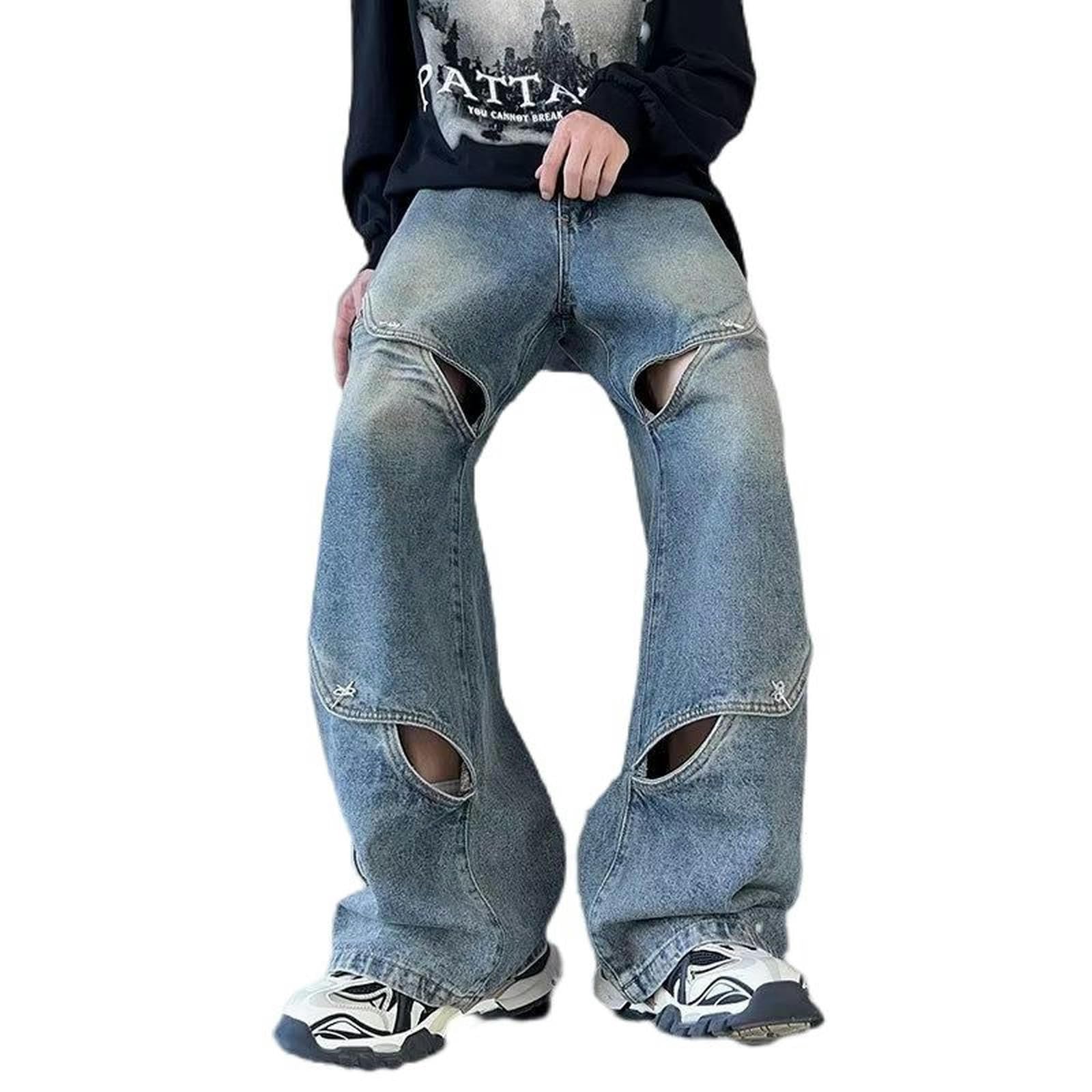 Jeans a Gamba Larga High Street da Uomo con Design Cavo - Blu - M