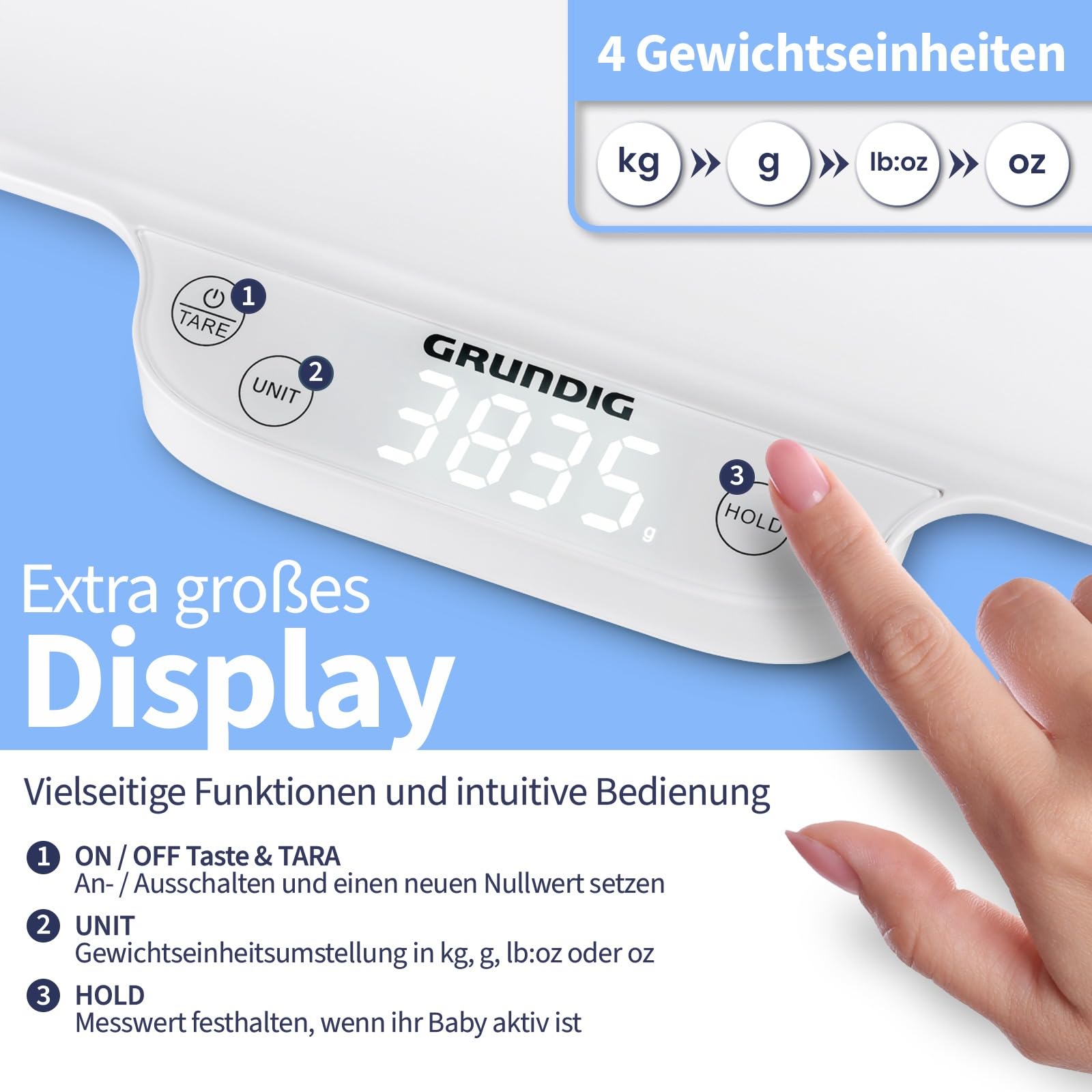 GRUNDIG Babywaage mit Körperlängen Messung - hochpräzise Baby Waage mit Hold Automatik für genaue Ergebnisse bei Strampelmäusen - Digital Scale mit Tara Funktion - bis 40kg belastbar (inkl. Batterien)