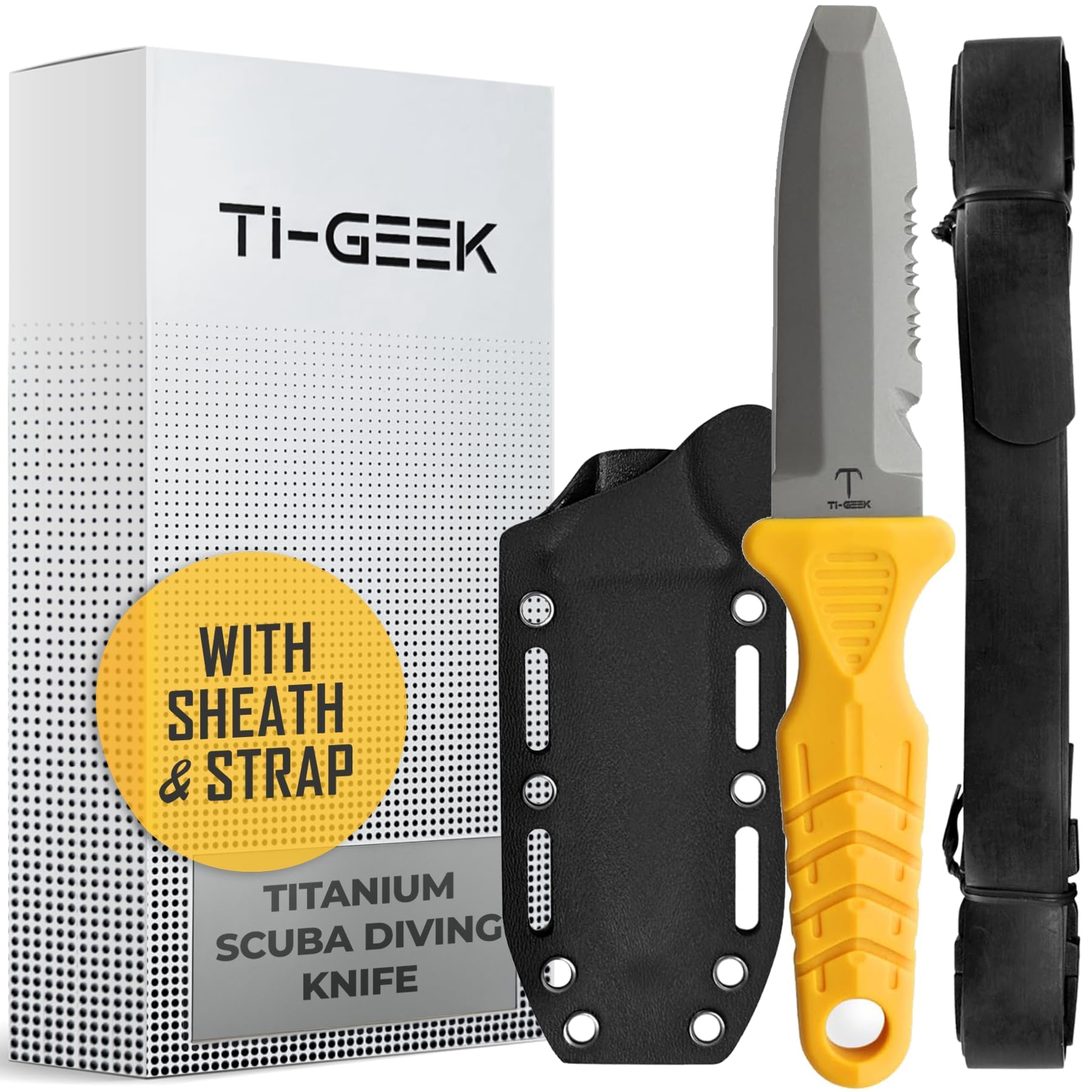 Titanium Survival Scuba Diving Fixed Blade Knife with Sheath & Straps - Holster on Divers BCD, Thigh/Leg, GC Belt Buckle or Wrist, Cutting, Serrated Edge & Line Cutter - Yellow Blunt Tip