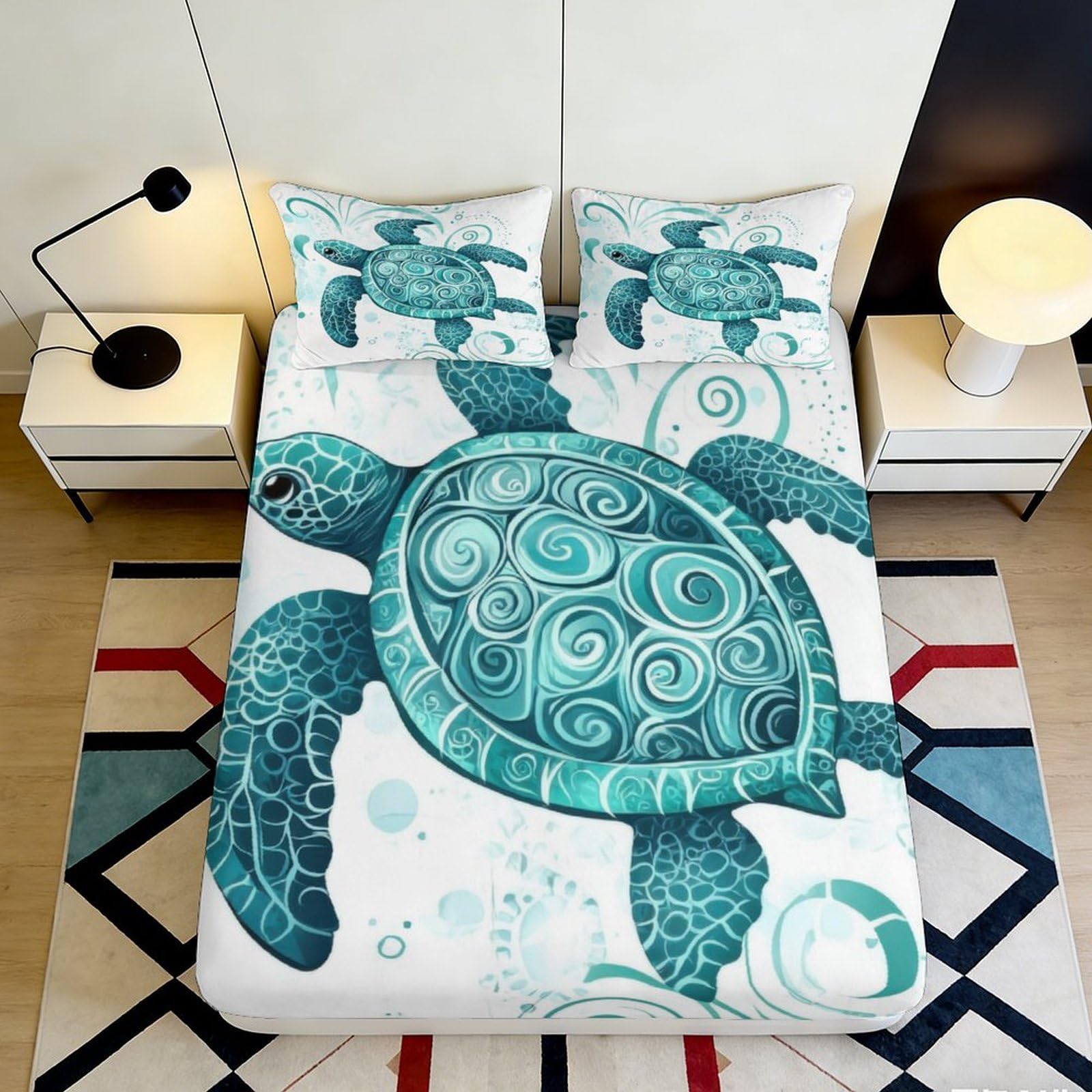 3D Printed Sea Turtle Fitted Sheet Microfiber Deep Pocket Bedroom Bedding Ocean Mattress Fitted Cover Elastic Hem Washable 90x200x25cm