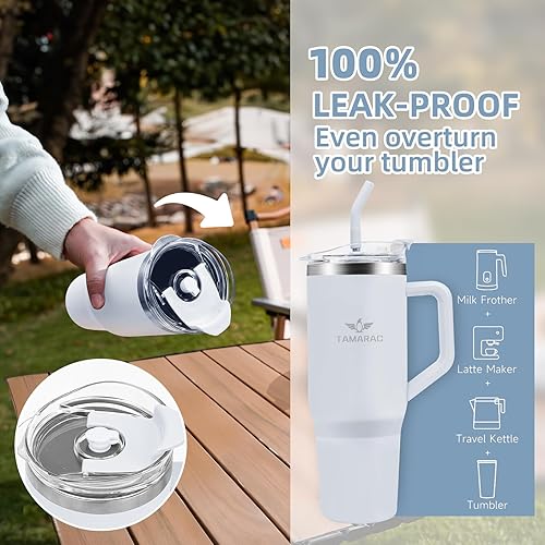 Miniatura 4 de Tamarac Vaso de 40 onzas con asa y tapa con pajilla, vaso aislado, botella de agua reutilizable de acero inoxidable de viaje con tapa para
