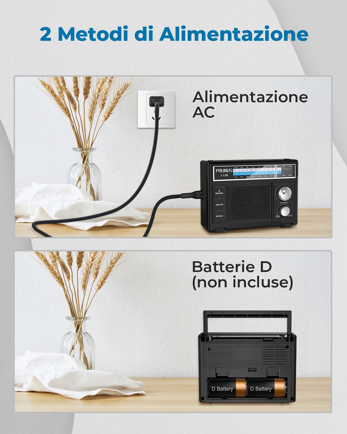 PRUNUS J-136 Radio Portatile AM/FM, Alimentazione Batterie o CA, Jack AUX/Microfono, Nero