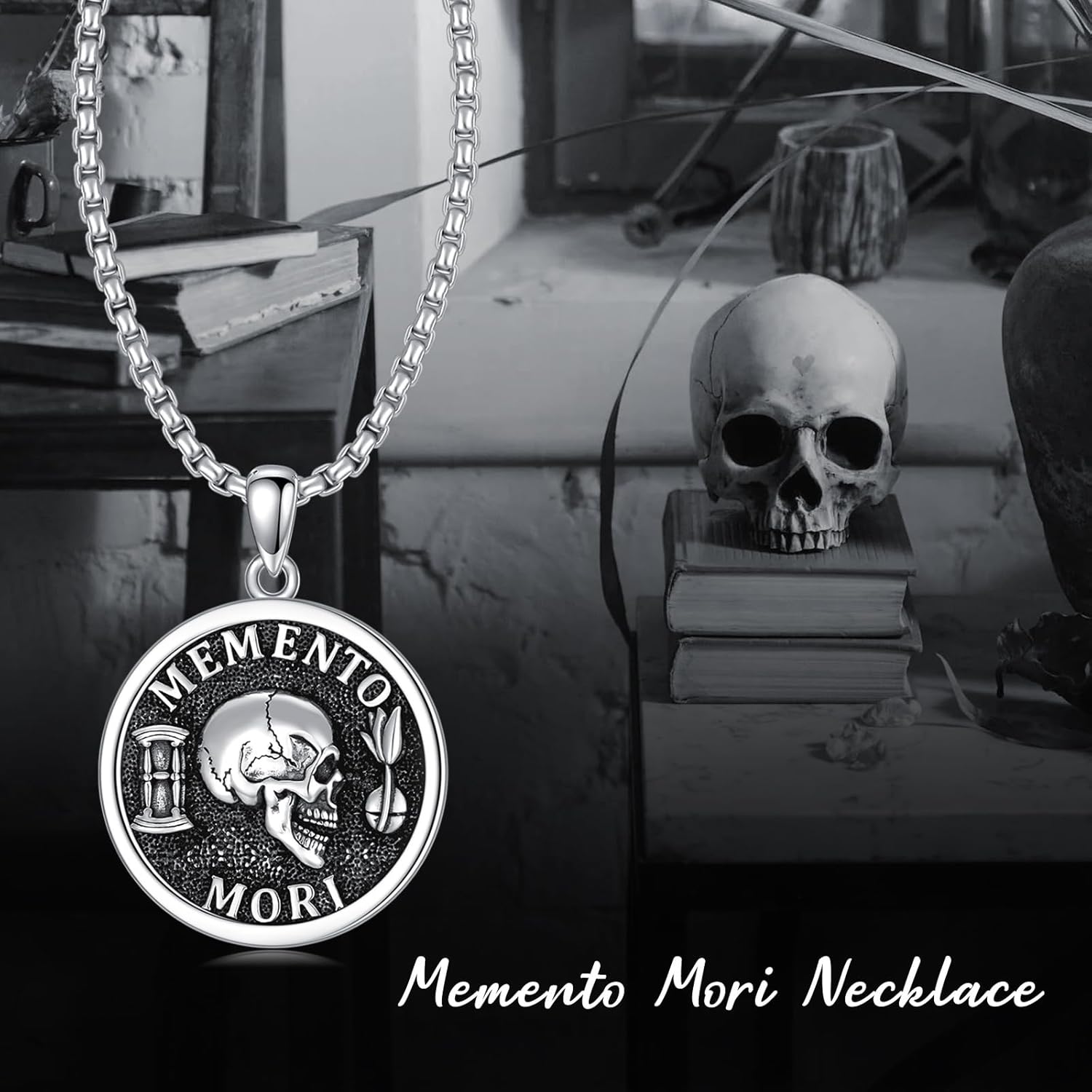PELOVNY Memento Mori Necklace 925 Sterling Silver Gothic Skull Pendant Stoicism Jewelry Gifts for Men Women 22+2 Inch Chain - Image 5